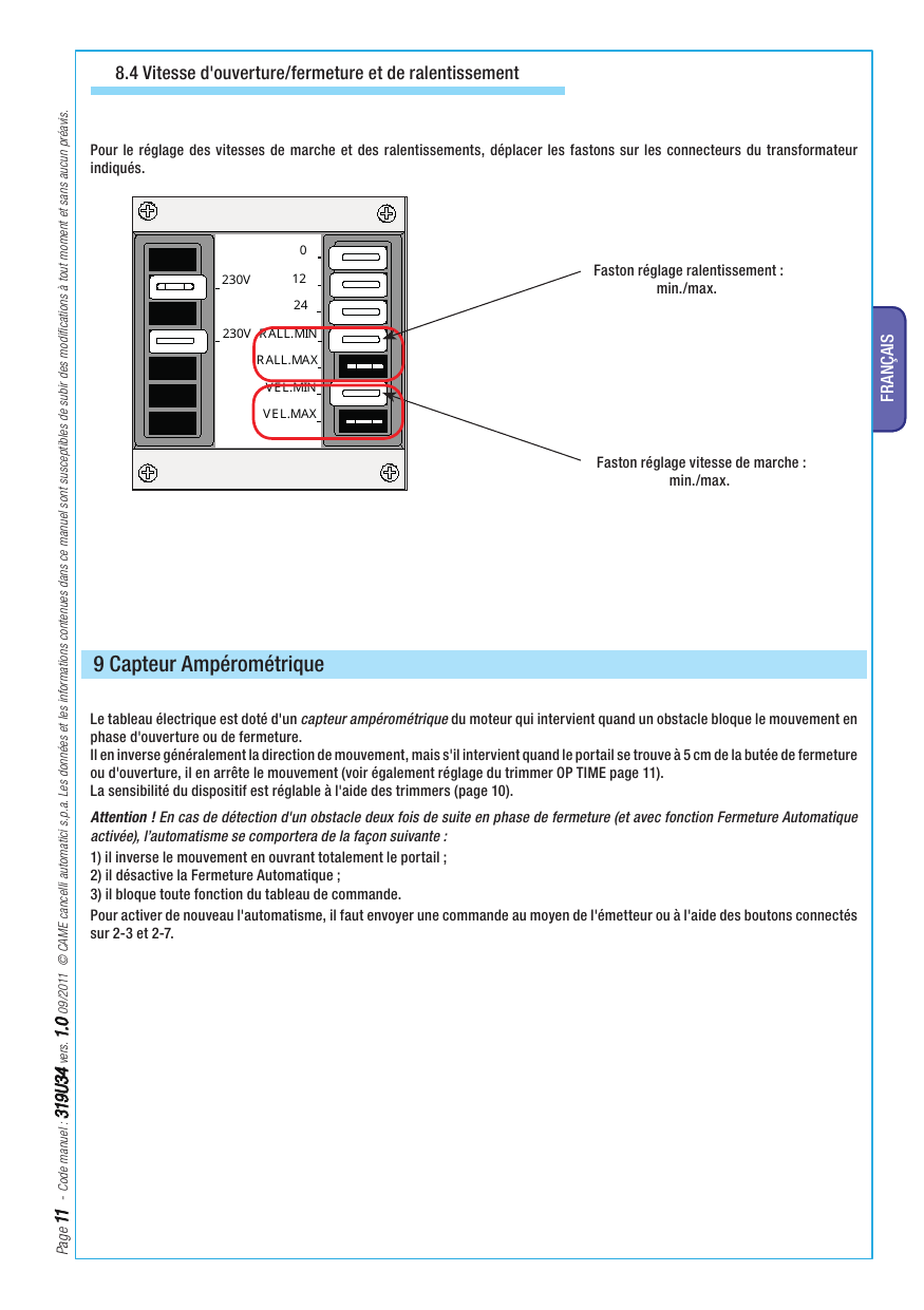 Connecteurs du transformateur : 0, 12, 24, RALL.MIN, RALL.MAX, VEL.MIN, VEL.MAX
