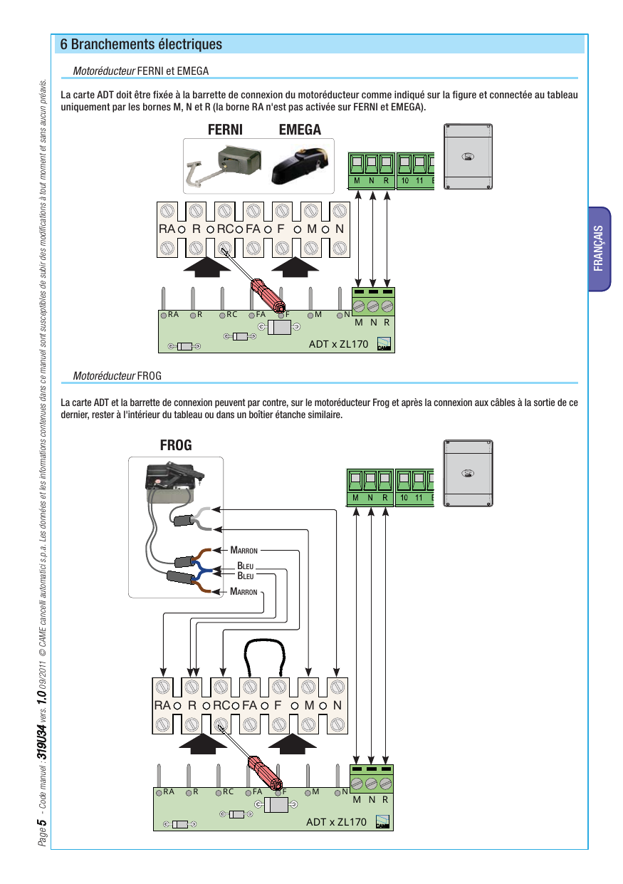 Connexion de la carte ADT aux motoréducteurs FERNI et EMEGA (bornes M, N, R)