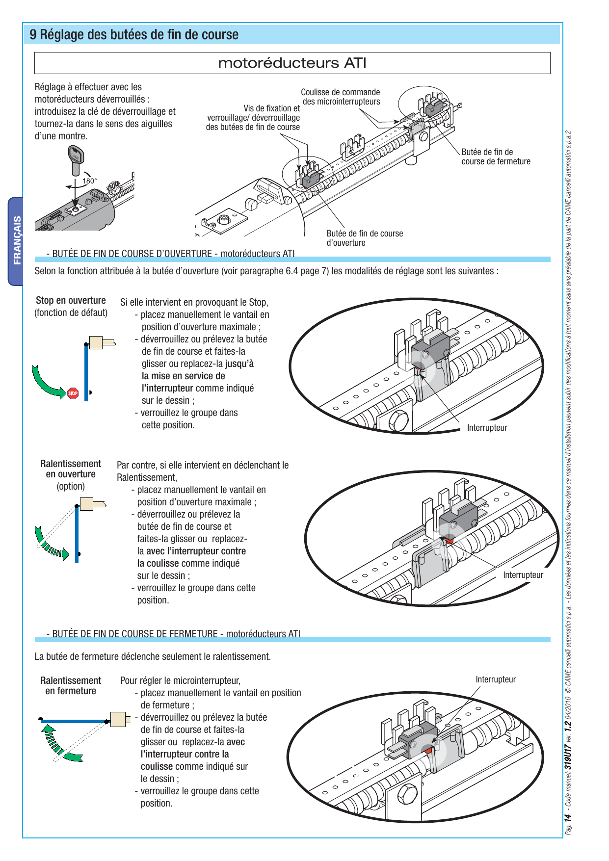 Vue d'ensemble de la coulisse de commande des microinterrupteurs et des butées de fin de course (ATI)
