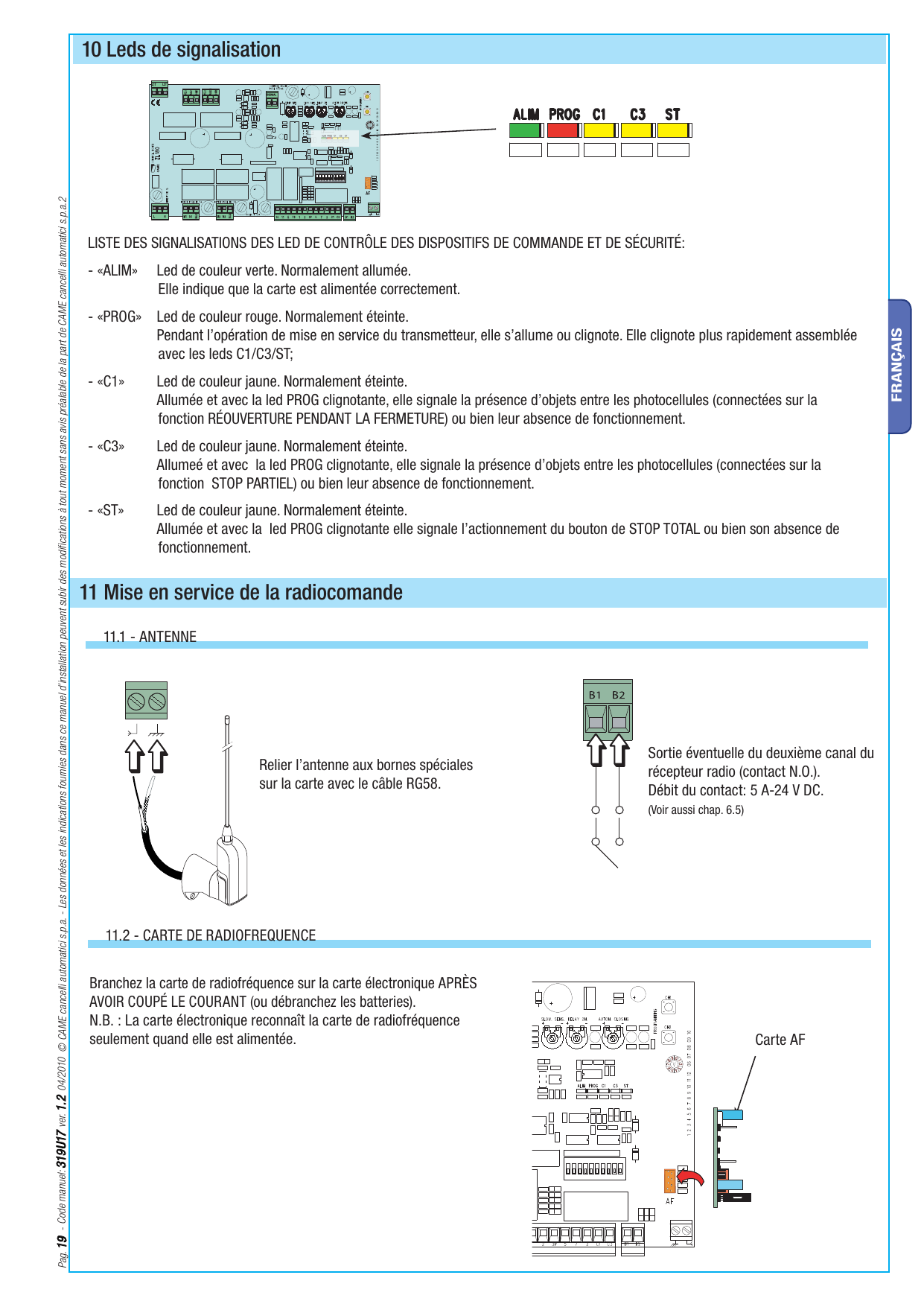Emplacement des leds de signalisation : ALIM, PROG, C1, C3, ST