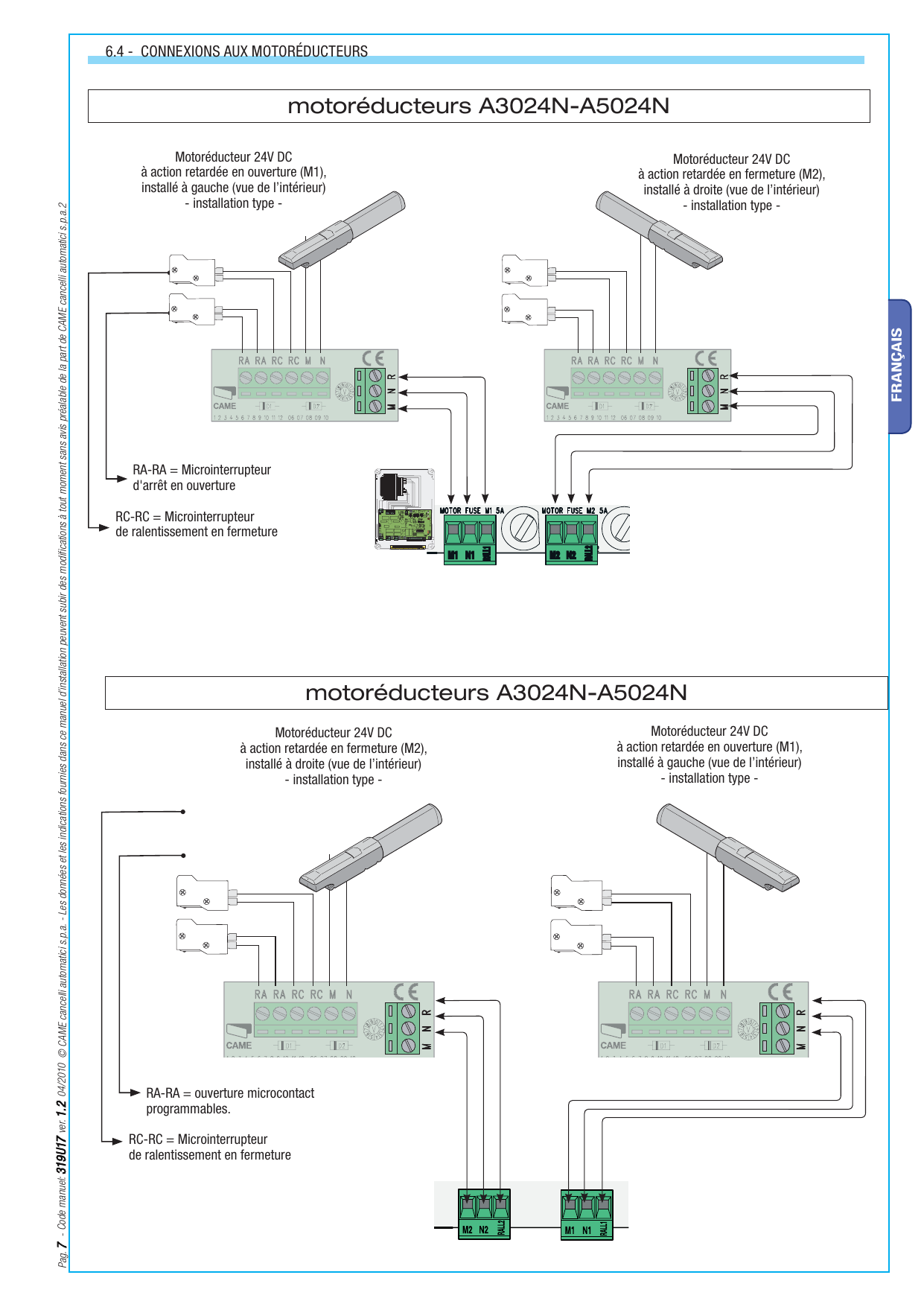 Schémas de connexion des motoréducteurs A3024N-A5024N (M1 et M2)