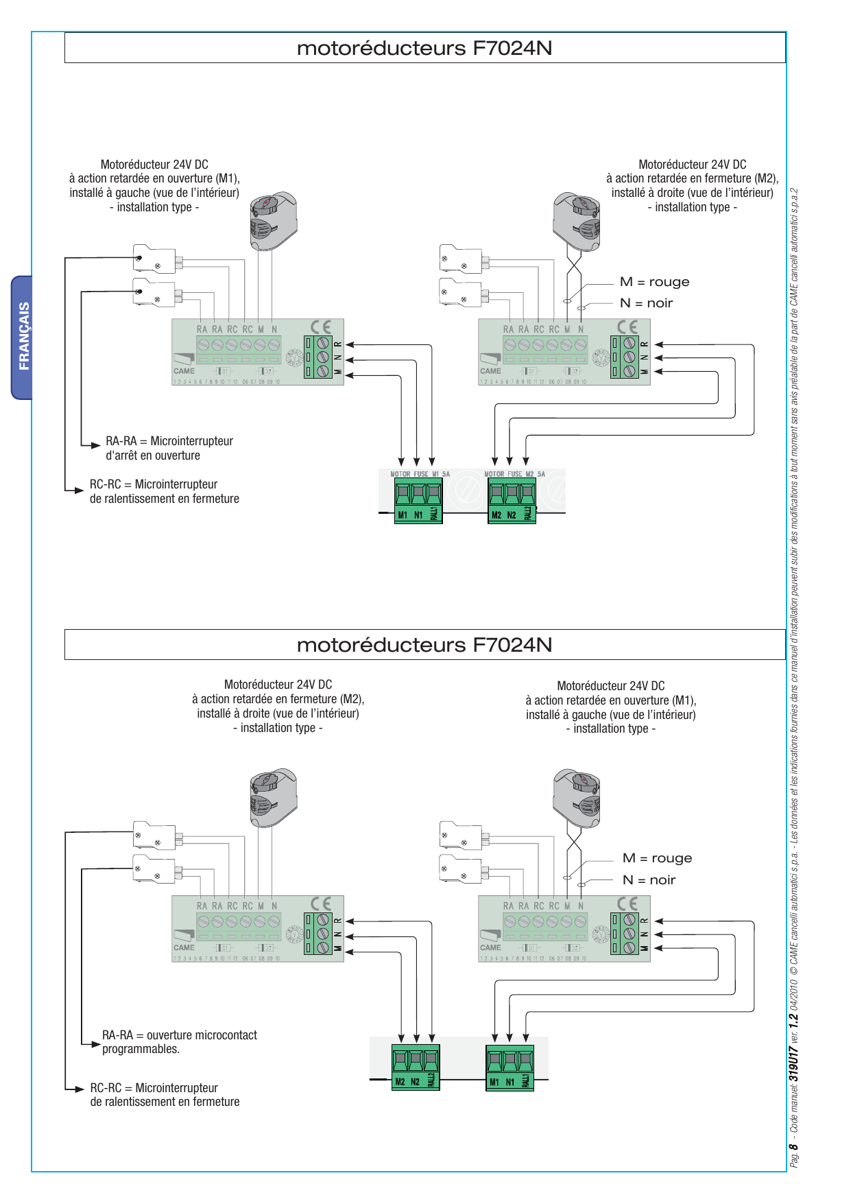 Schémas de connexion des motoréducteurs F7024N (M1 et M2)