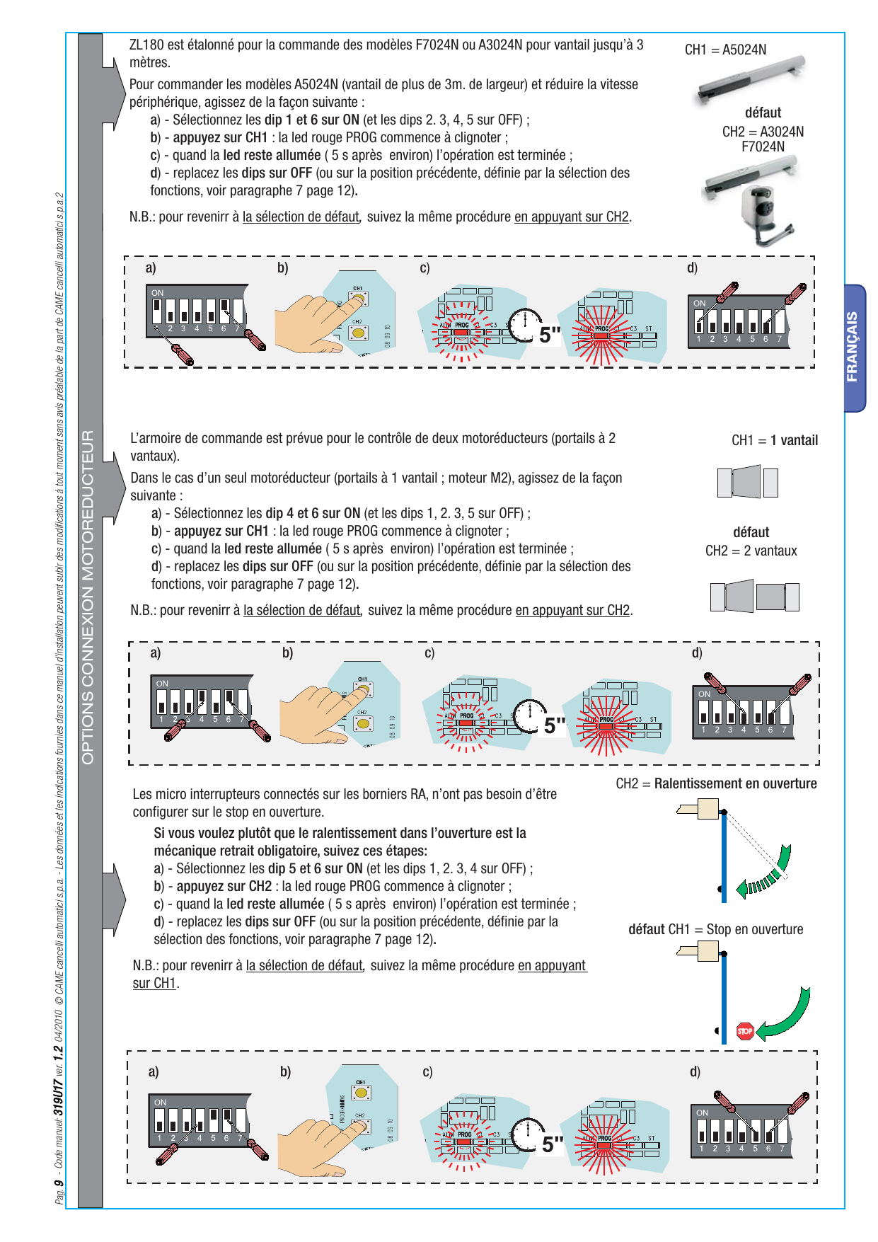 Procédures de configuration des dip-switch et des canaux CH1/CH2