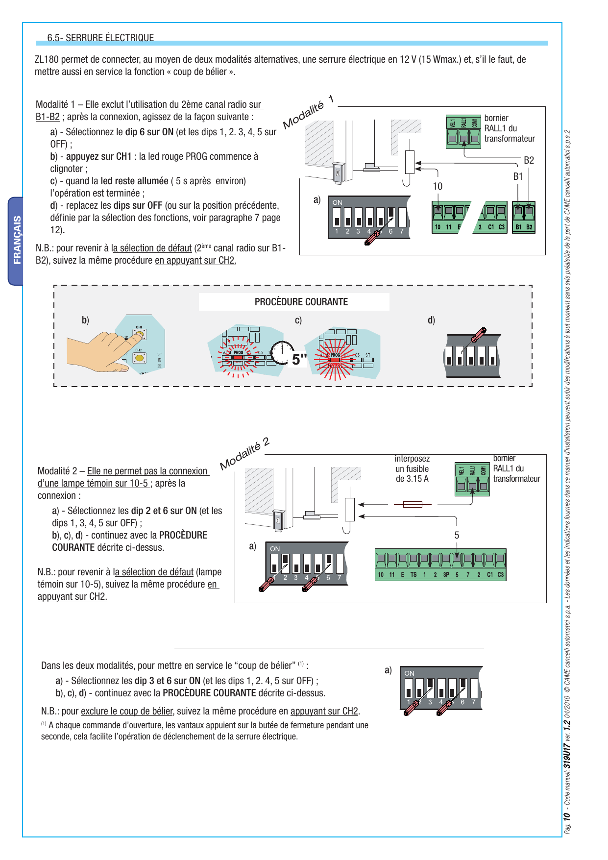 Schémas de connexion de la serrure électrique (Modalité 1 et Modalité 2) et procédure courante