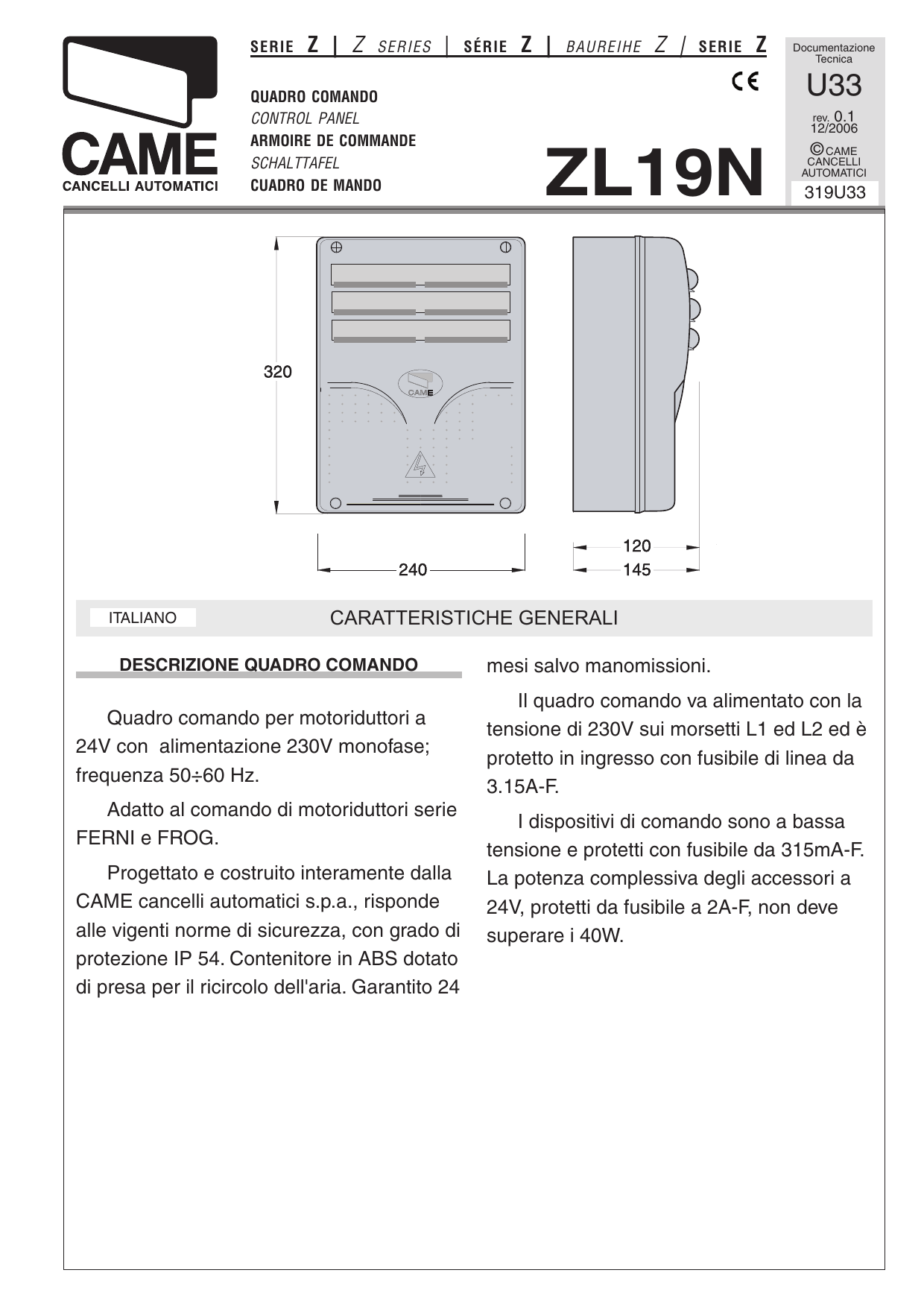 Dimensions du boîtier de l'armoire ZL19N (320 × 240 mm, profondeur 120/145 mm)
