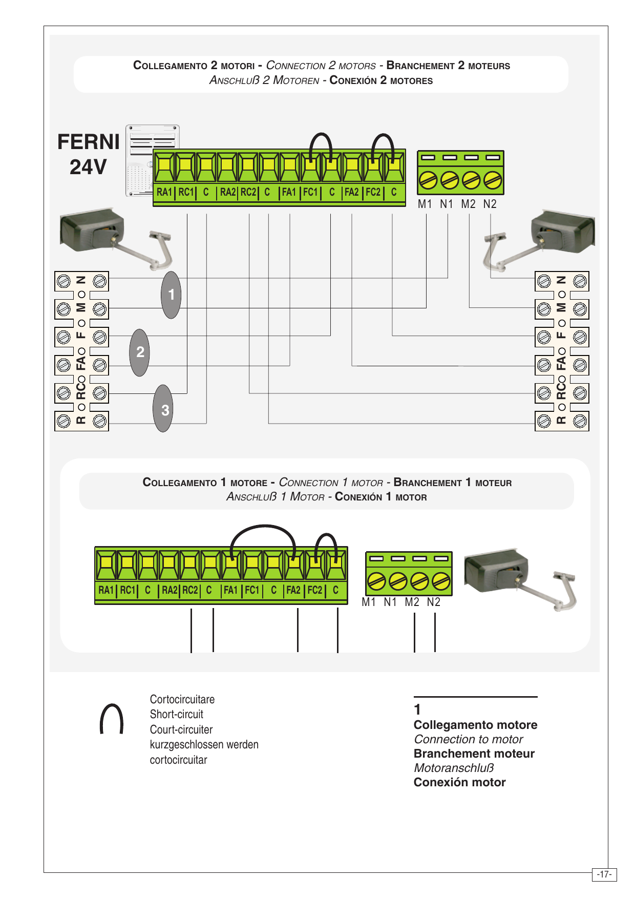 Schéma de branchement de 2 moteurs et de 1 moteur FERNI 24V (bornes R, RC, FA, F, M, N)