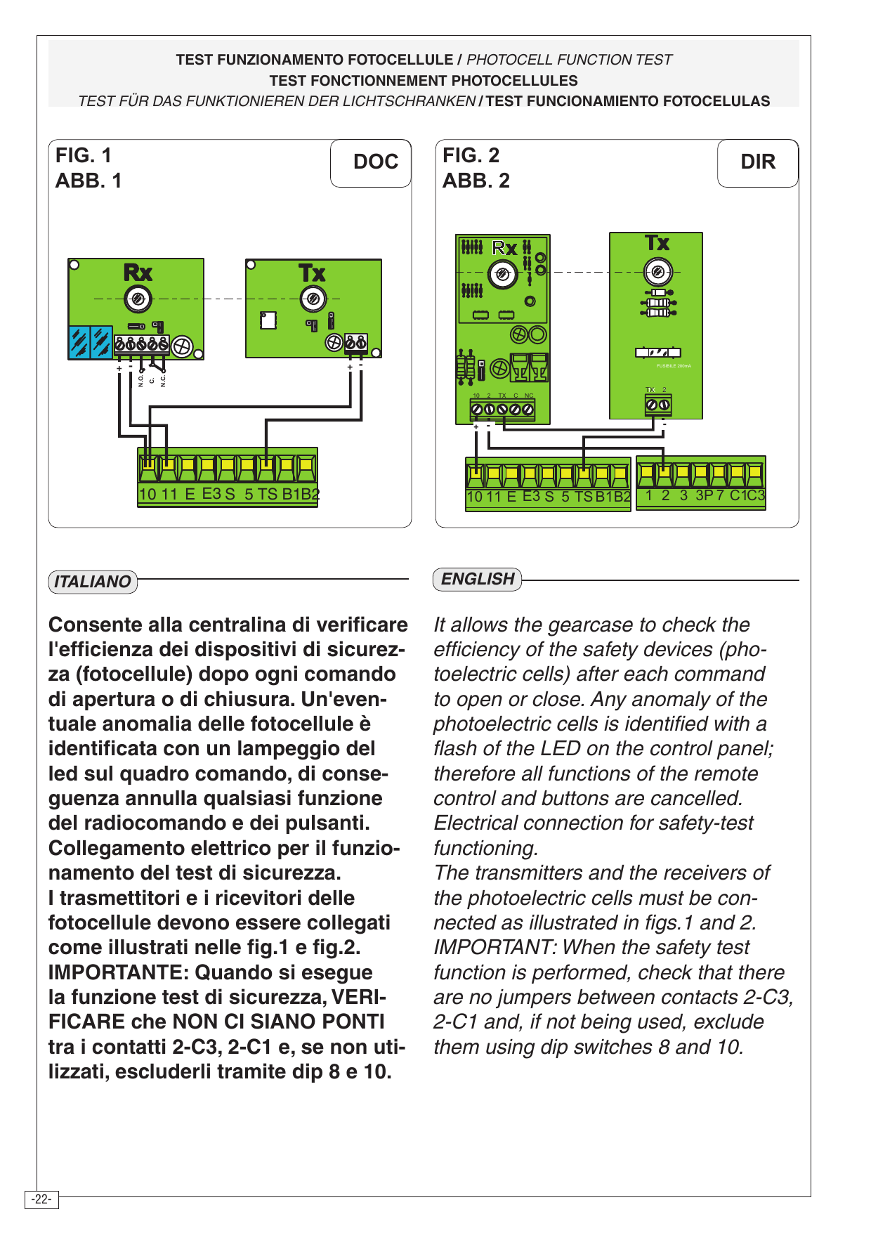 Schémas de branchement des photocellules pour le test de sécurité (fig. 1 DOC et fig. 2 DIR)