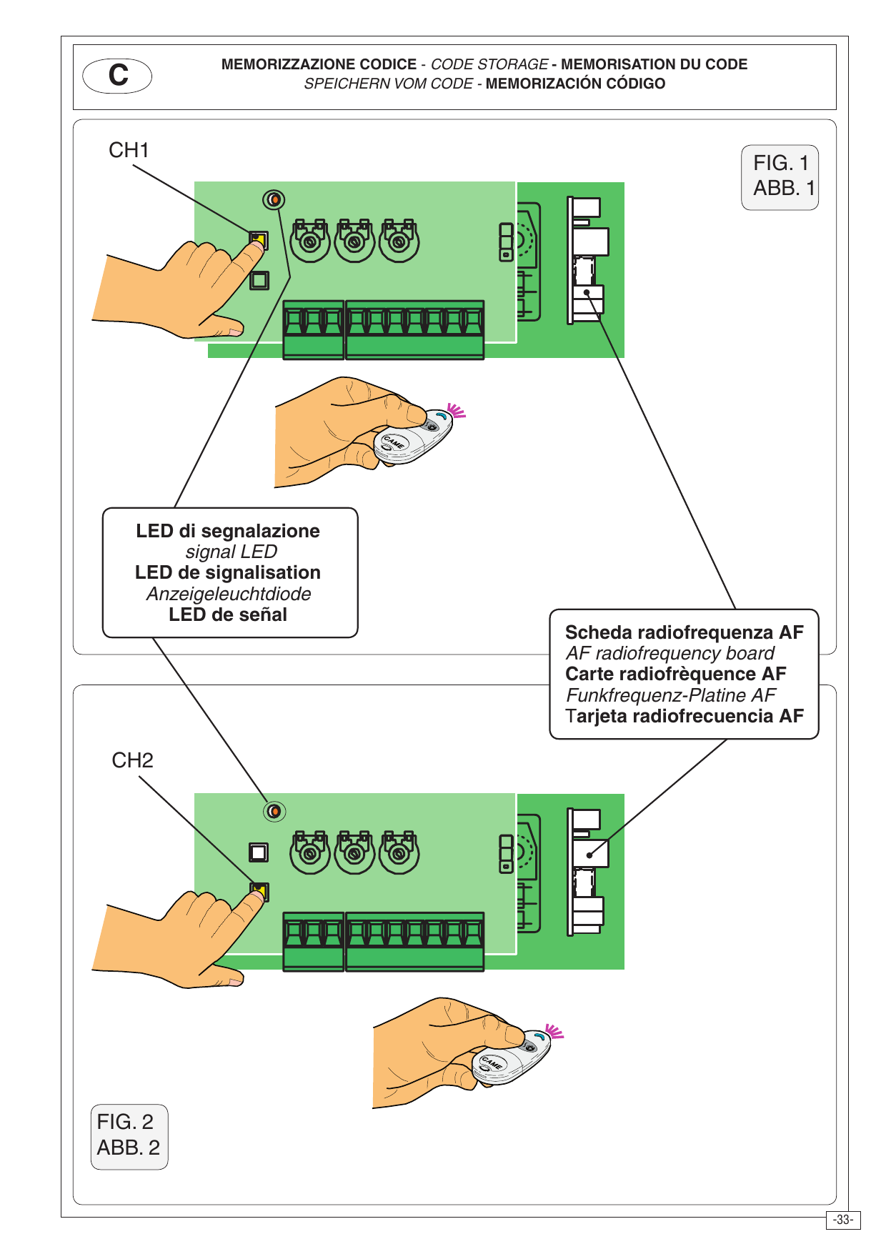 Fig. 1 et 2 — mémorisation des codes CH1 et CH2 sur la carte de base avec carte radiofréquence AF