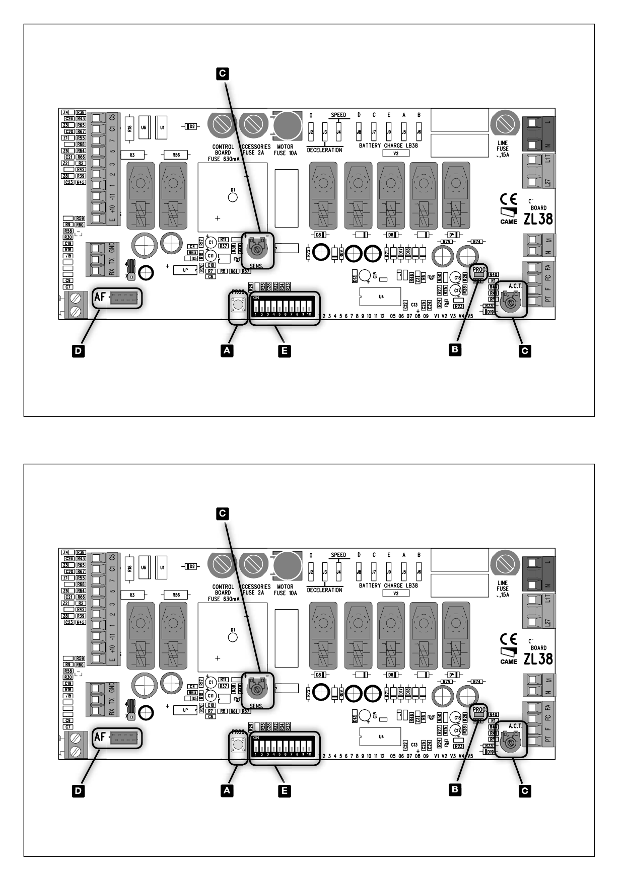Schéma de la carte électronique ZL38 avec repérage des borniers, fusibles, sélecteurs et réglages (A : touche PROG, B : LED de programmation, C : compensateurs SENS. et A.C.T., D : connecteur antenne AF, E : dip-switchs).
