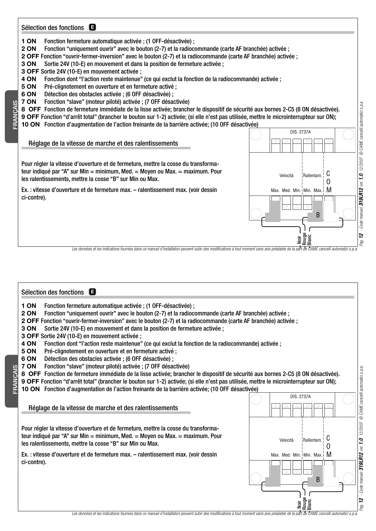 Schéma du transformateur DIS. 2737A : cosses de réglage Velocità (Max./Med./Min.) et Rallentamento (Min./Max.), bornes C-O-M, fils Noir / Rouge / Blanc.