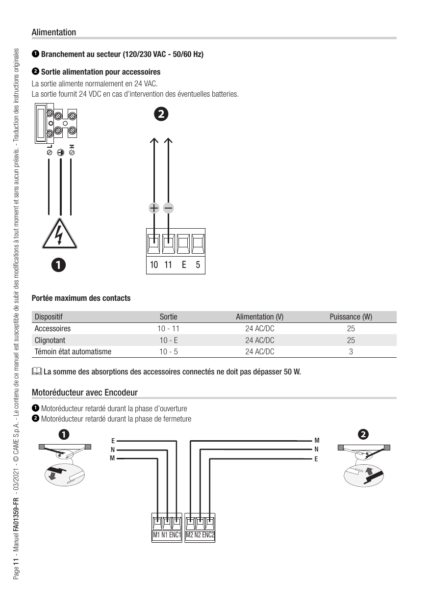 Connexion des motoréducteurs avec encodeur aux borniers M1/M2