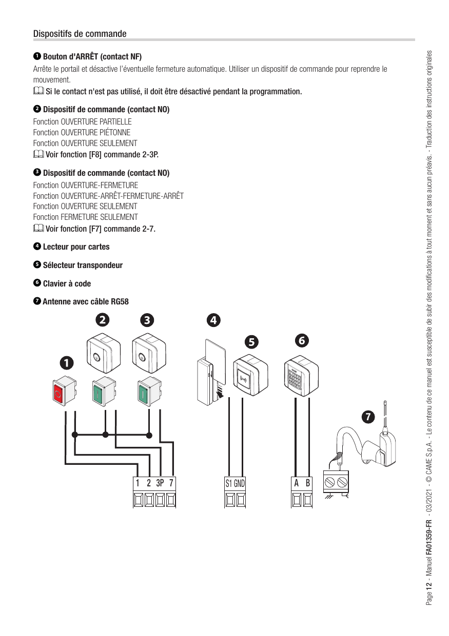 Connexion des dispositifs de commande aux borniers 1-2-3P-7, S1-GND, A-B et antenne