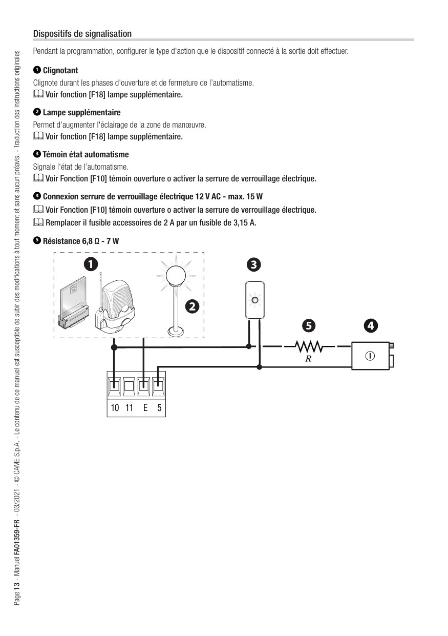 Schéma de connexion des dispositifs de signalisation aux bornes 10-11-E-5