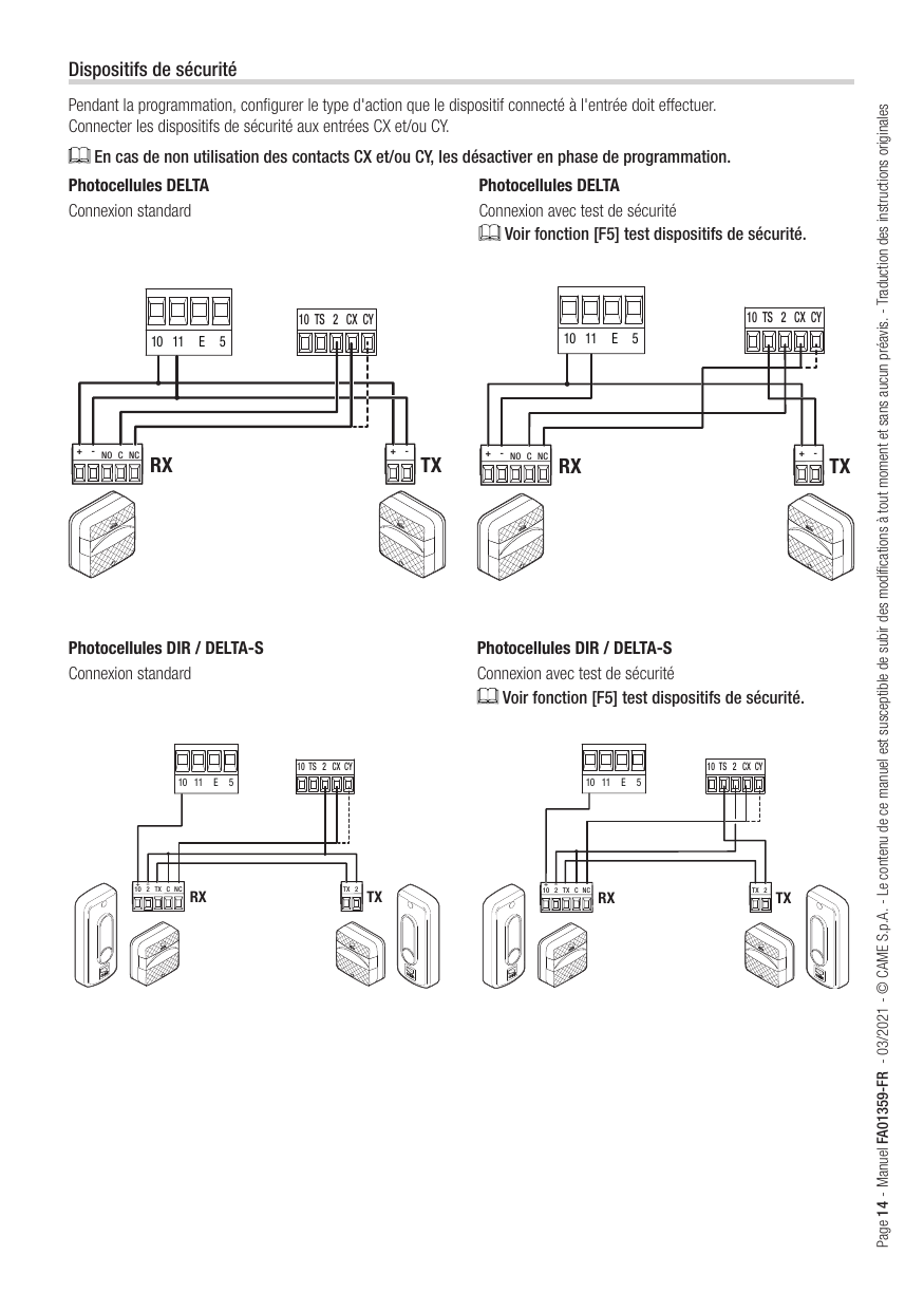 Schémas de connexion des photocellules DELTA et DIR / DELTA-S (standard et avec test de sécurité)
