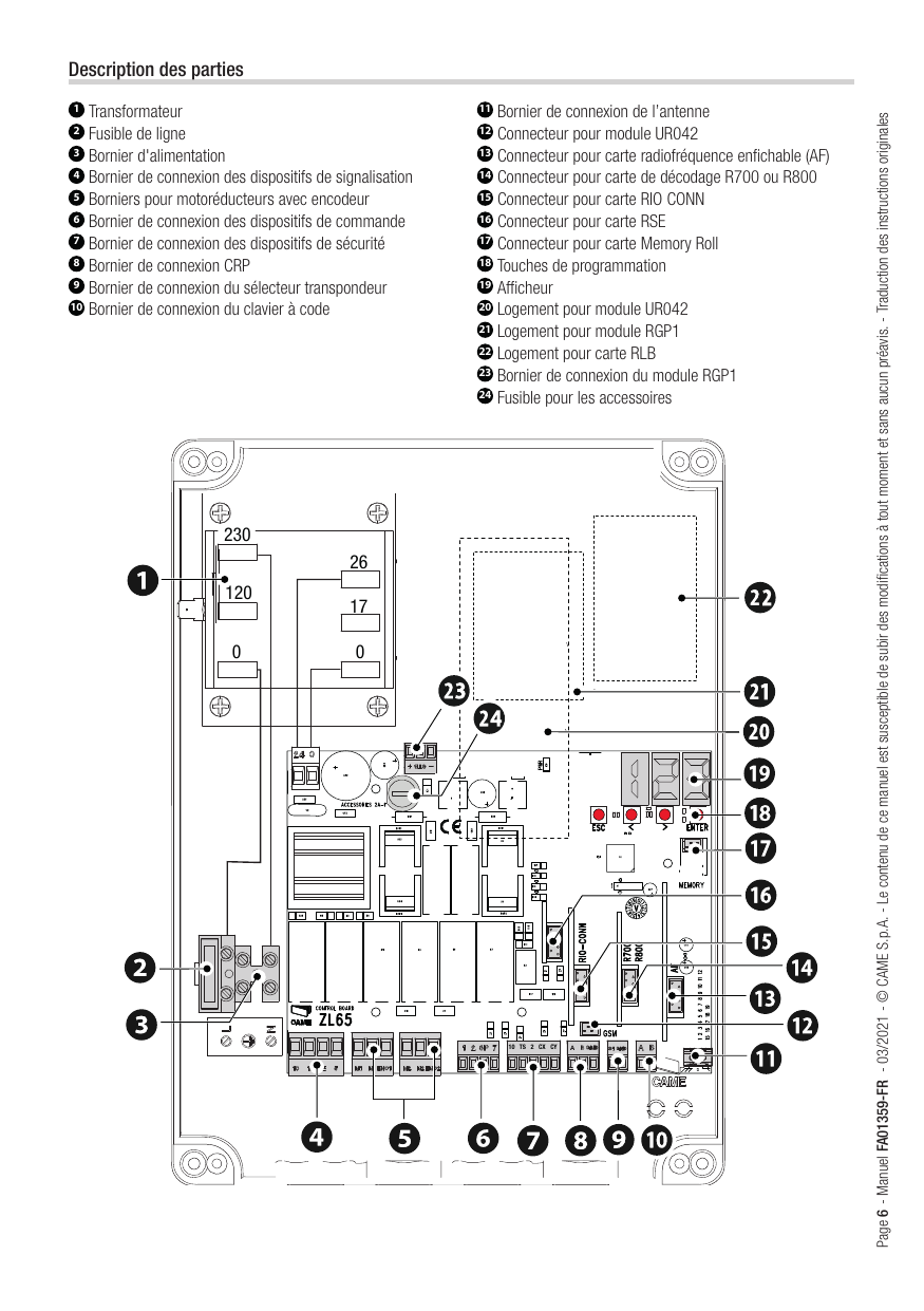 Schéma de la carte électronique ZL65 avec repérage des parties (1 à 24)