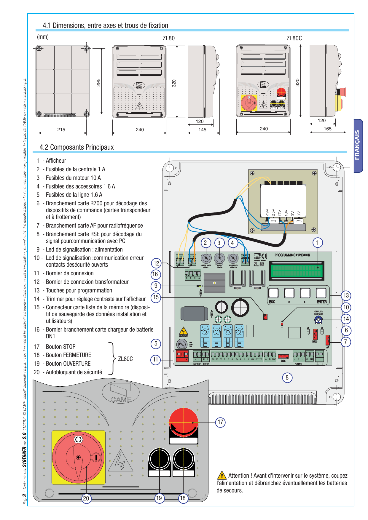 Schéma des dimensions, entre-axes et trous de fixation des armoires ZL80 et ZL80C (mm)