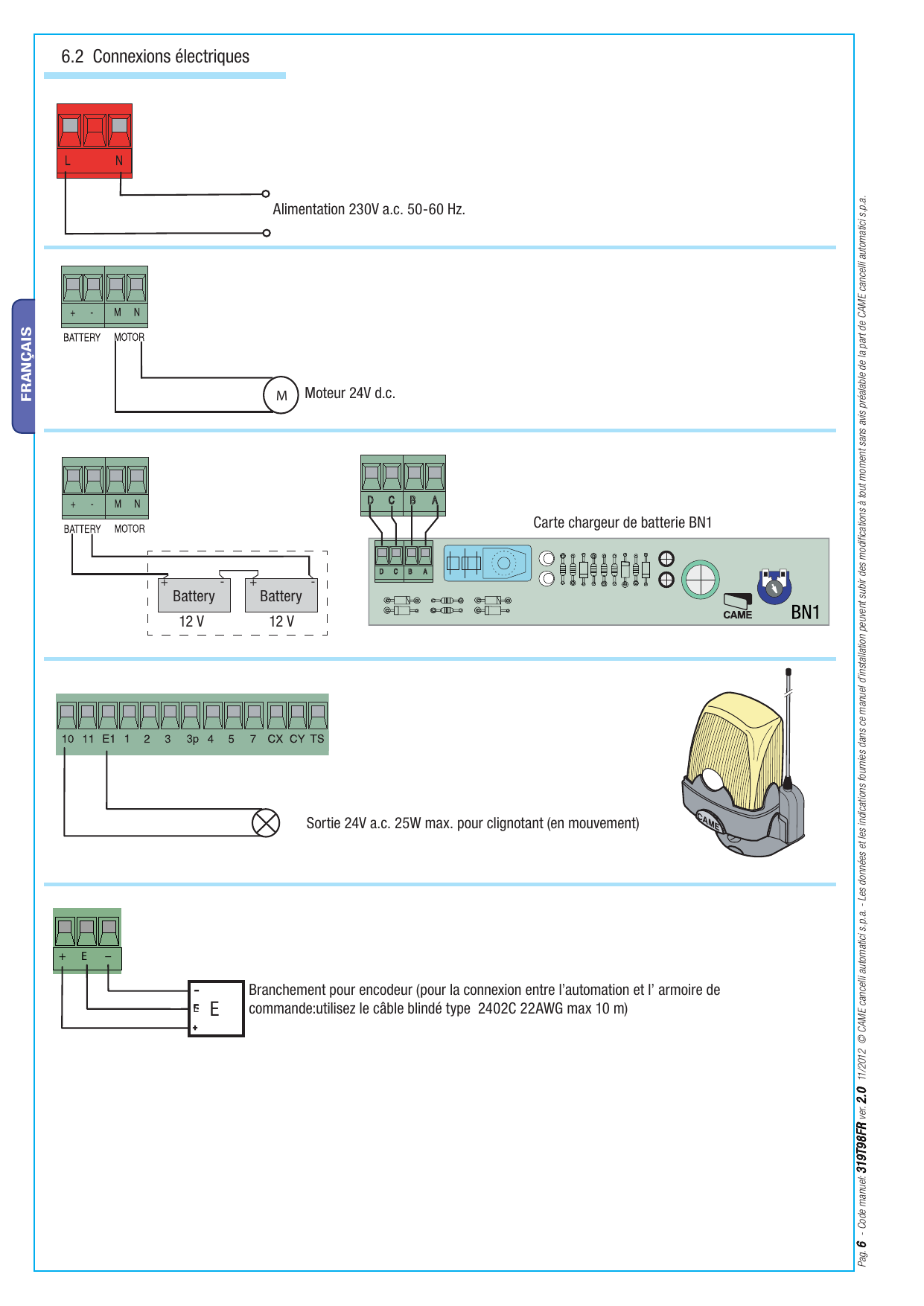 Schémas de connexions : alimentation, moteur, carte chargeur de batterie BN1, clignotant et encodeur