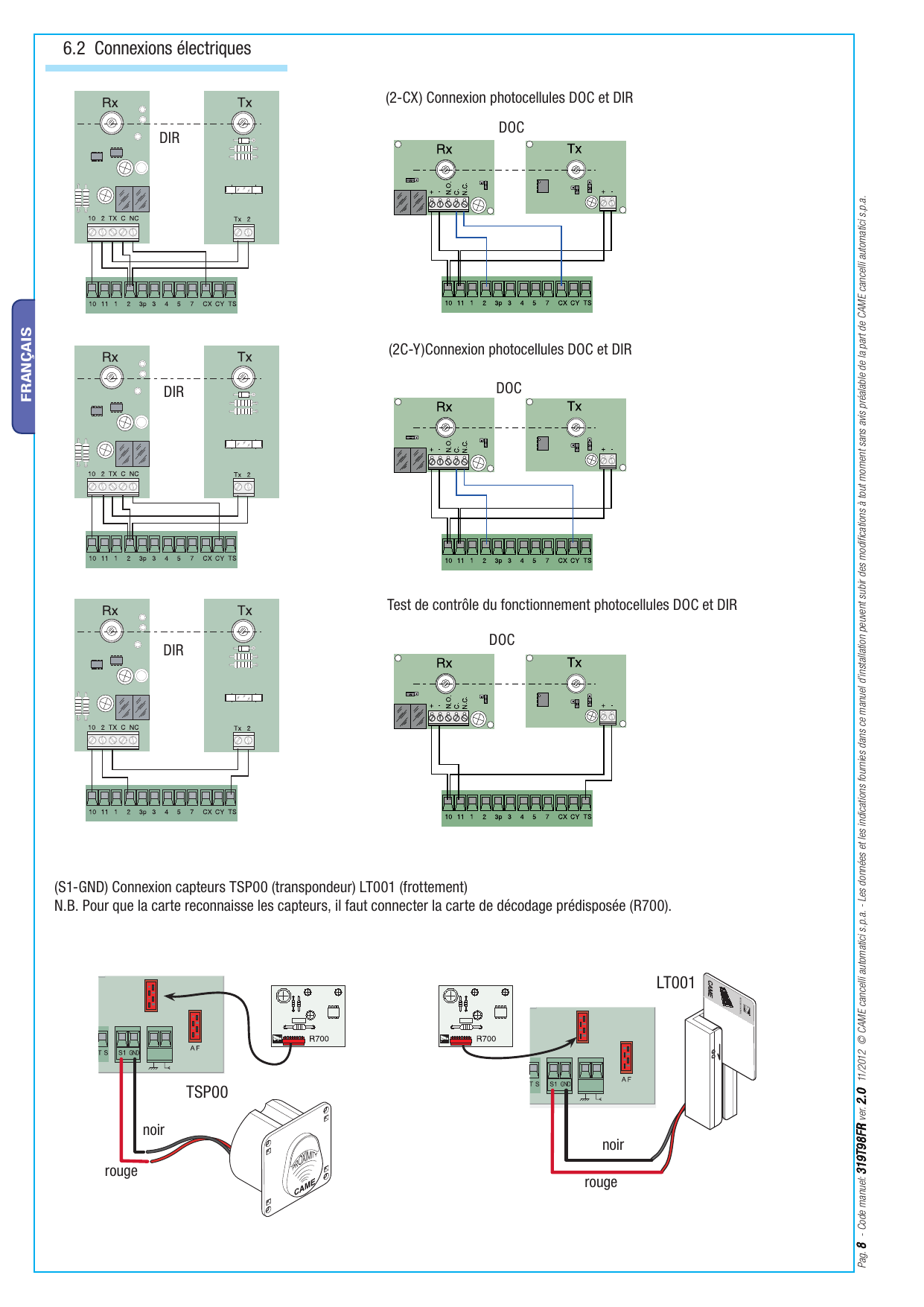 Schémas de connexions des photocellules DIR/DOC et des capteurs TSP00 / LT001