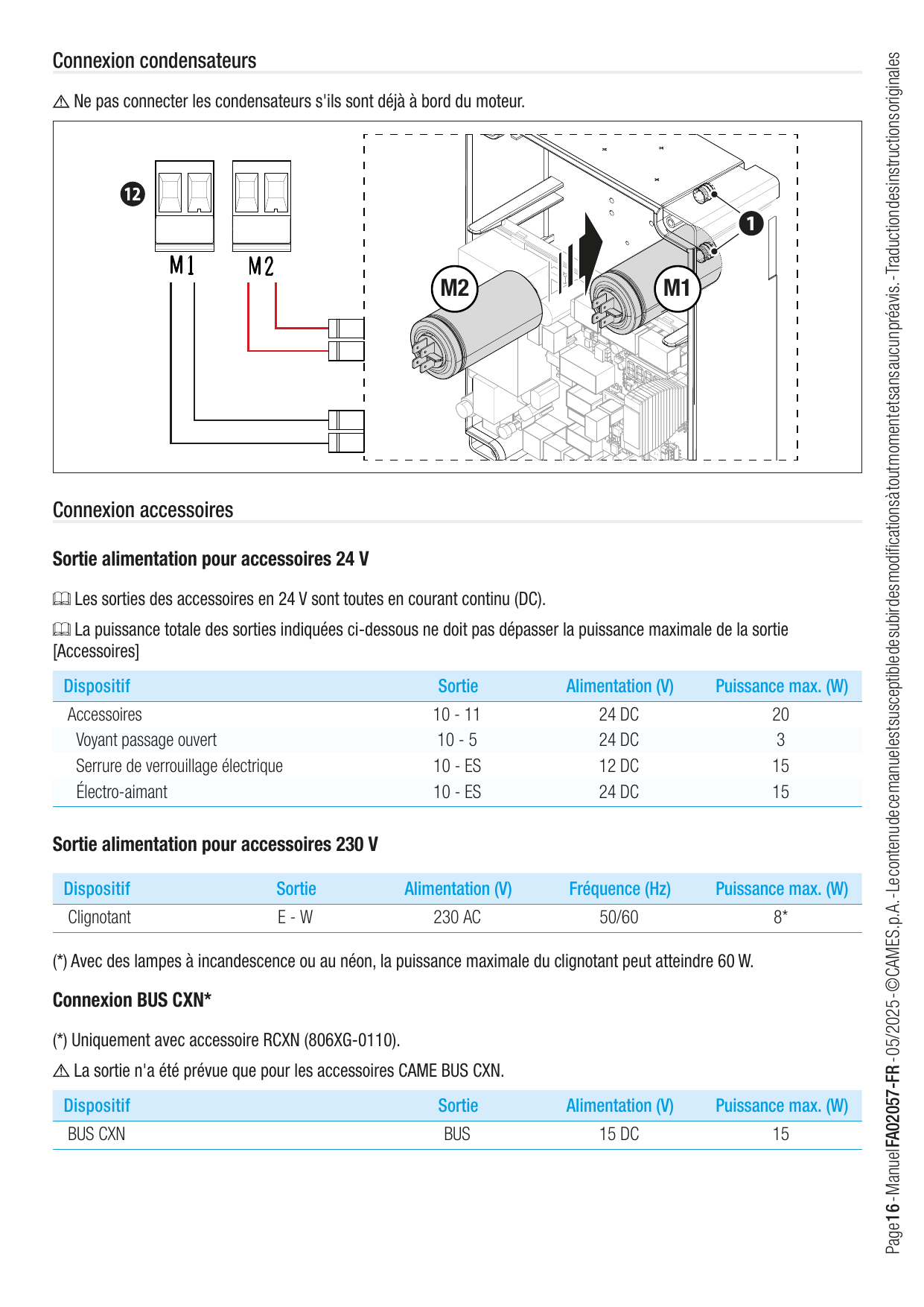 Raccordement et logement des condensateurs de démarrage des moteurs M1 et M2