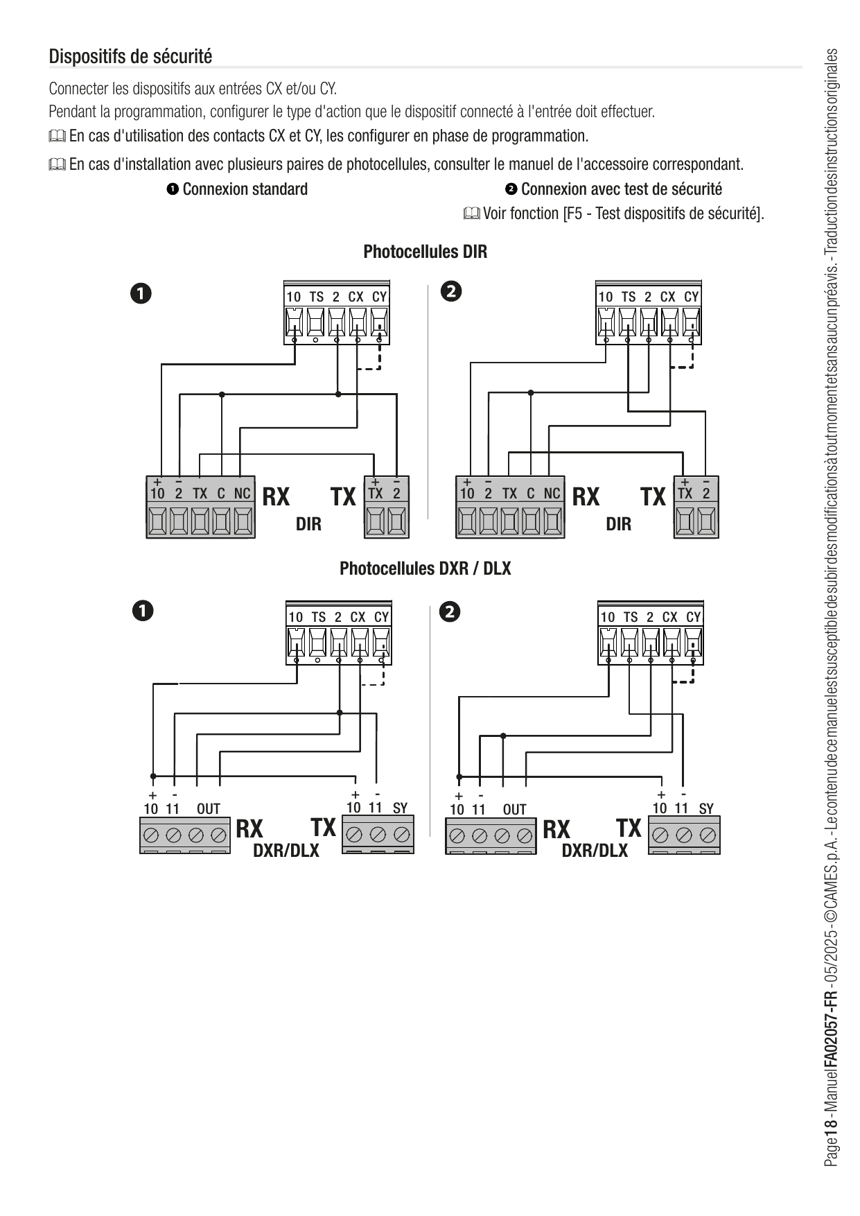 Schémas de raccordement des photocellules DIR (RX/TX) sur les bornes 10-TS-2-CX-CY, en connexion standard et avec test de sécurité
