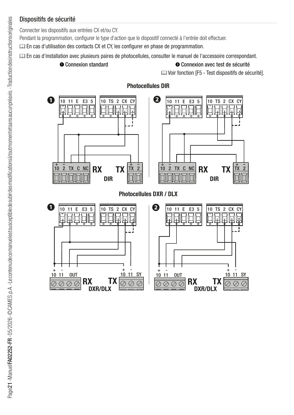 Schémas de raccordement des photocellules DIR (connexion standard et avec test de sécurité)