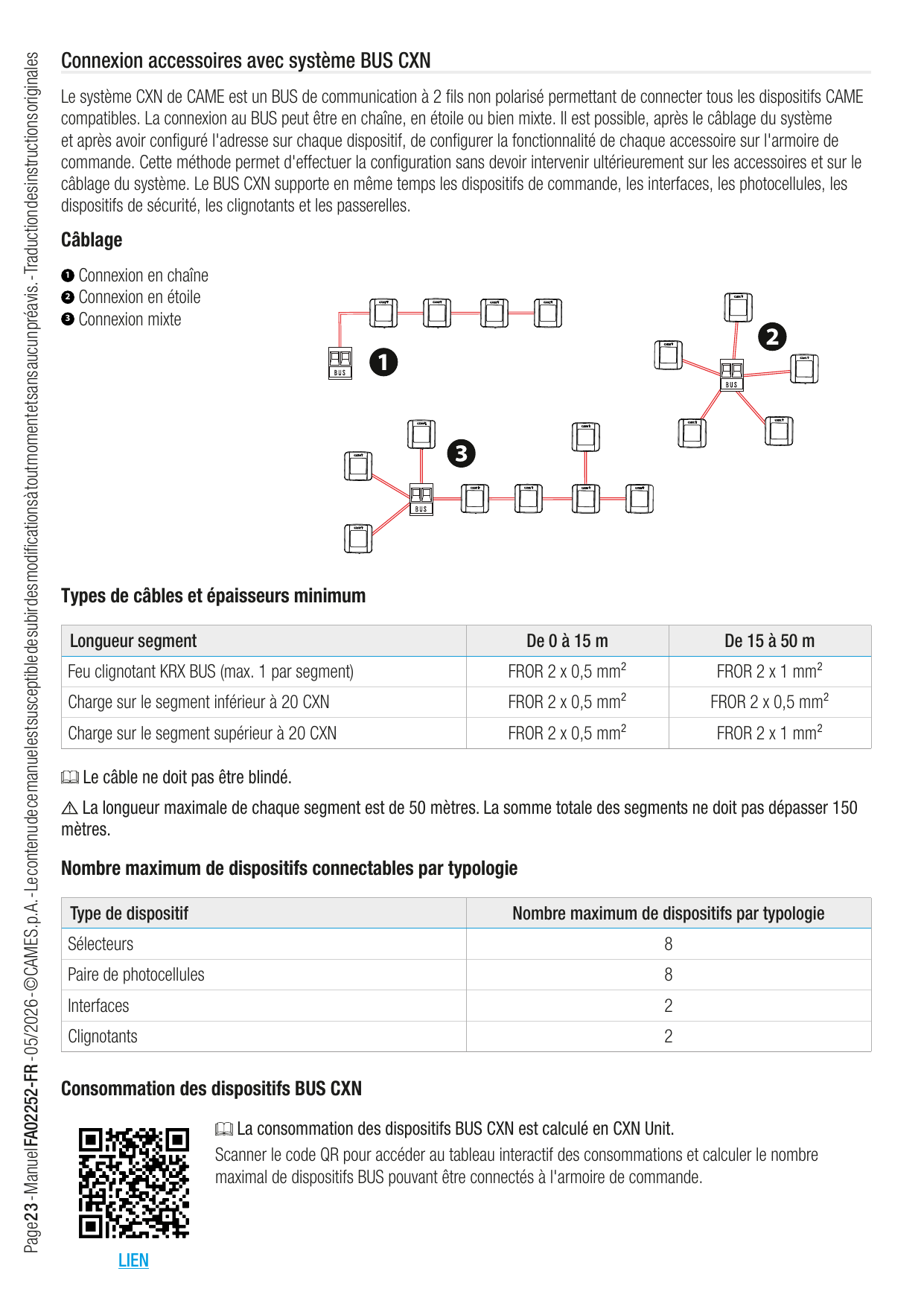 Exemples de câblage BUS CXN : en chaîne, en étoile et mixte