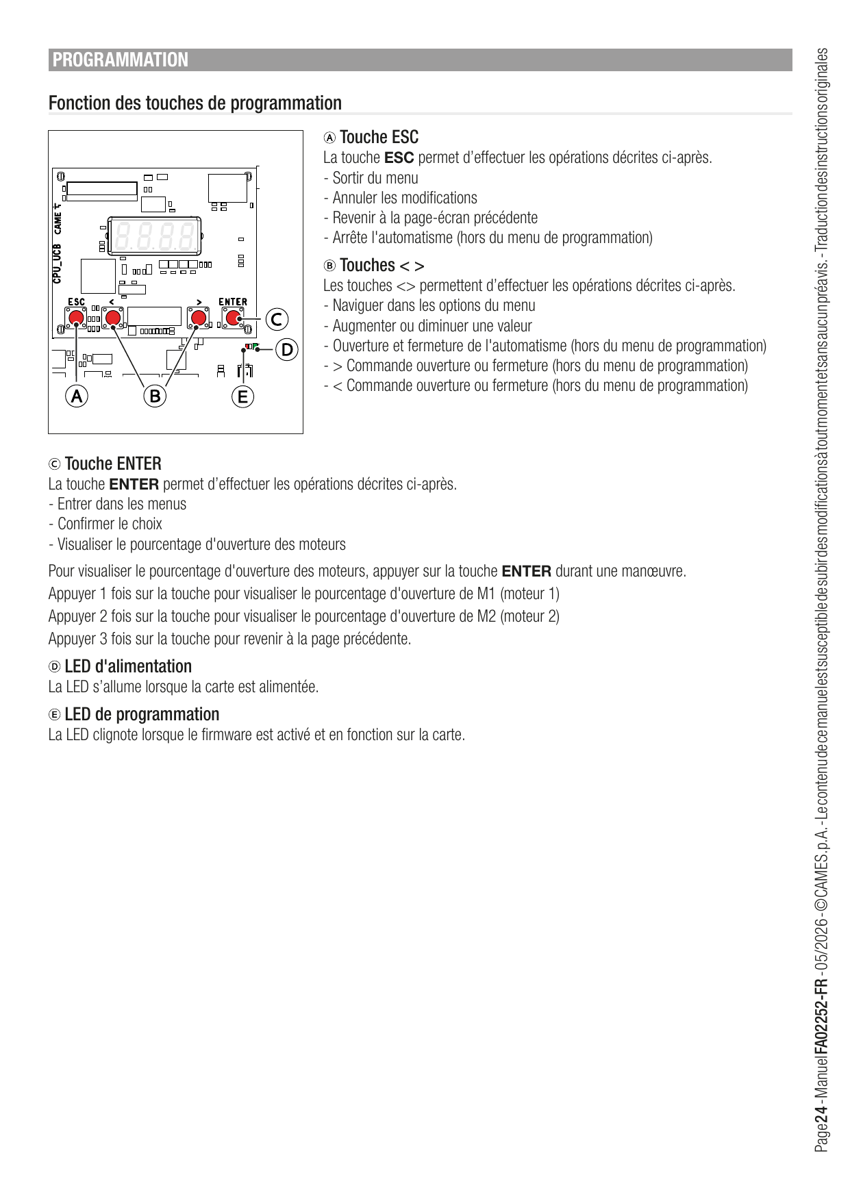 Emplacement des touches ESC, < >, ENTER et des LED sur la carte