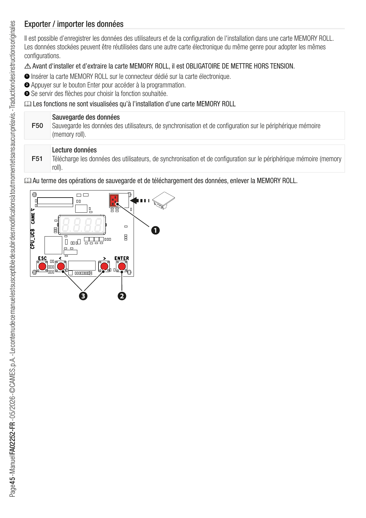 Emplacement de la carte MEMORY ROLL et des touches sur la carte électronique