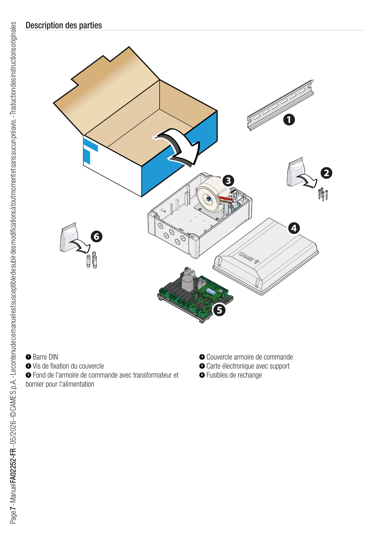 Vue éclatée du contenu de l'emballage de l'armoire de commande