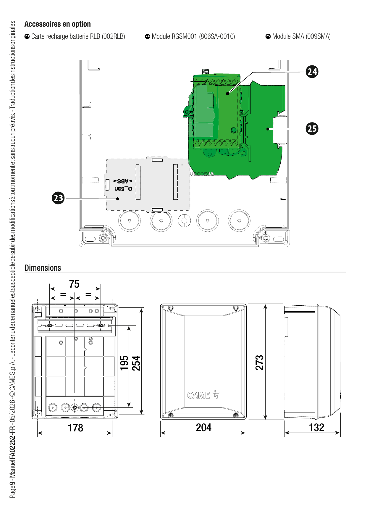 Dimensions de l'armoire de commande et entraxes de fixation