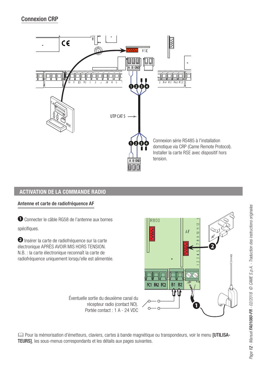 Schéma de connexion CRP avec carte RSE et câble UTP CAT 5