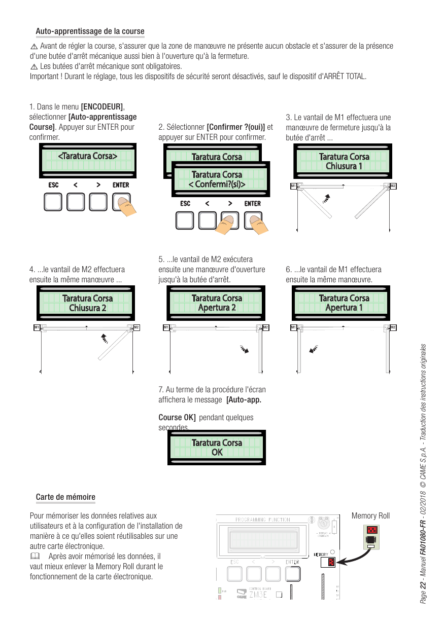 Séquence de l'auto-apprentissage de la course des vantaux M1 et M2