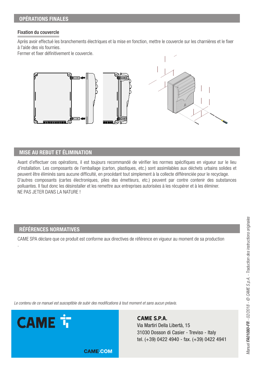 Mise en place et fixation du couvercle de l'armoire