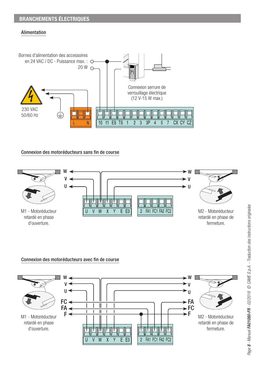 Schéma de l'alimentation et bornier (L N, 10 11 ES TS 1 2 3 3P 4 5 7 CX CY CZ)