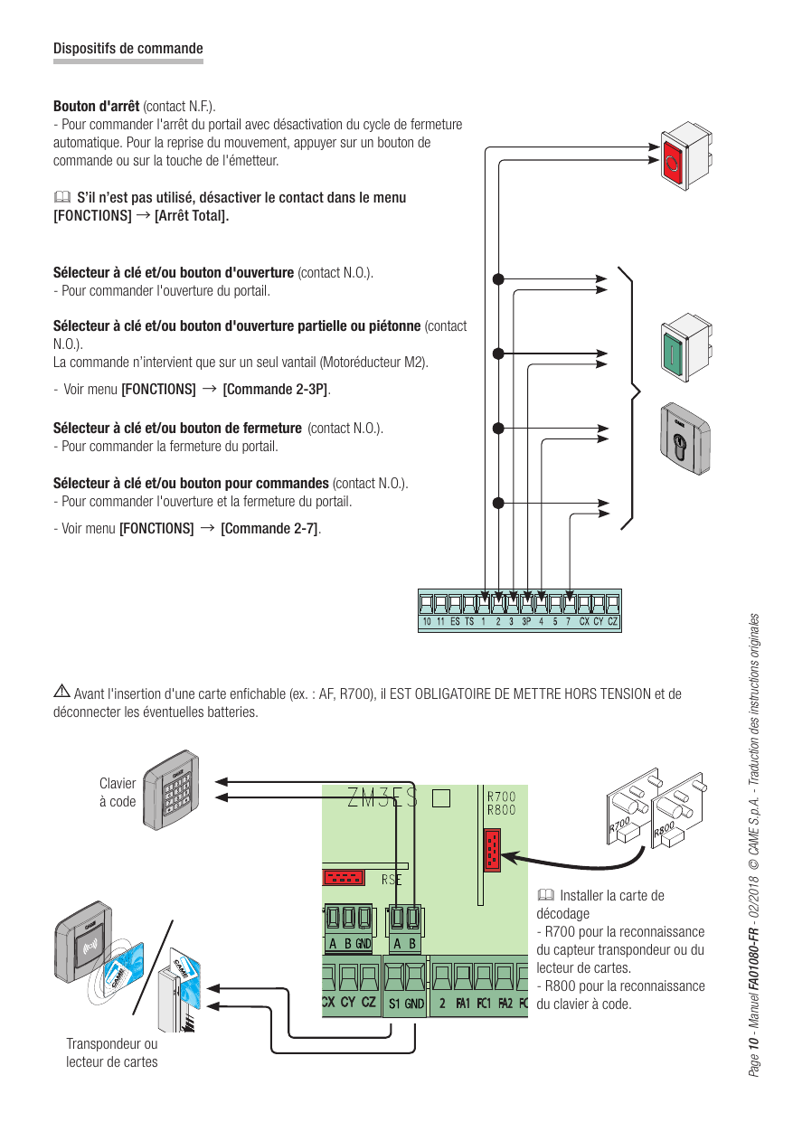 Schéma de connexion des dispositifs de commande et des cartes de décodage R700 / R800
