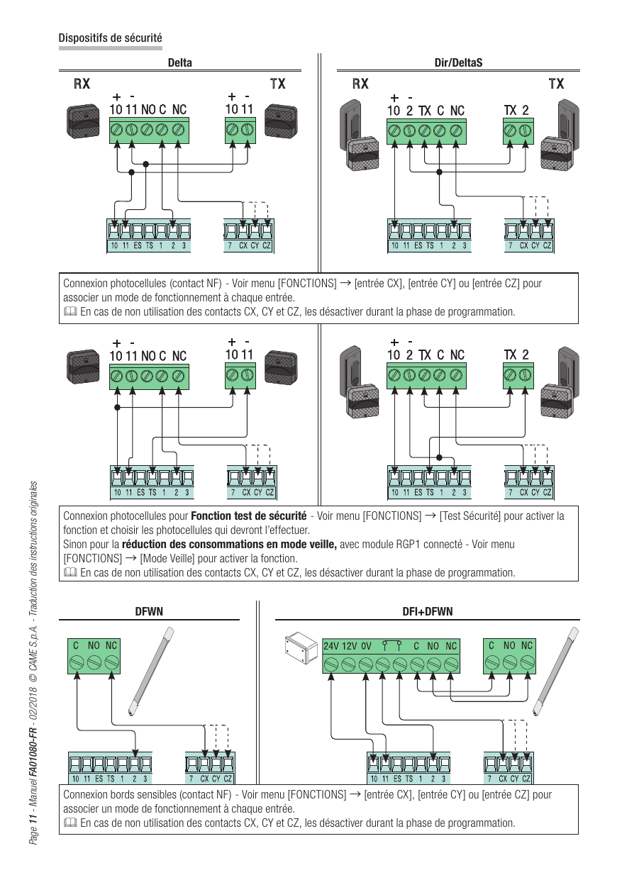 Schémas de connexion des dispositifs de sécurité Delta, Dir/DeltaS, DFWN et DFI+DFWN