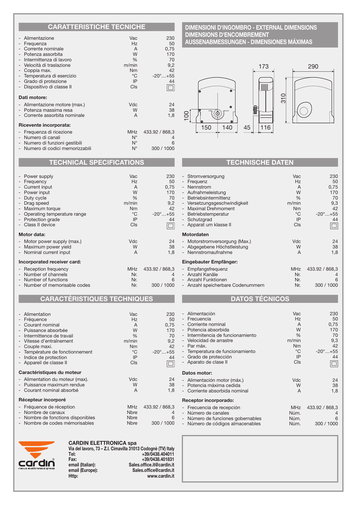 Dimensions d'encombrement (en mm) : 310, 290, 173, 150, 140, 100, 45, 116.
