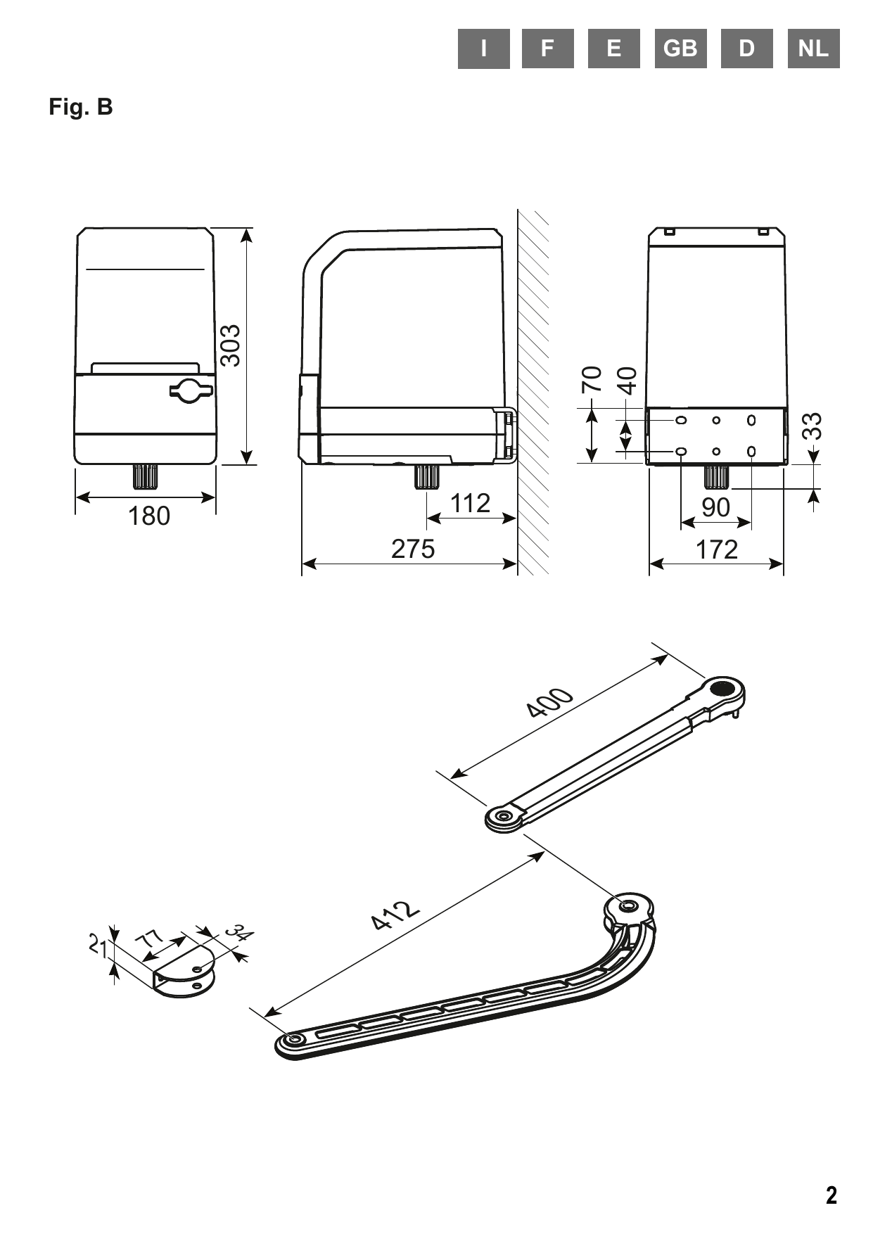 Fig. B — Dimensions du motoréducteur et des bras (mm)
