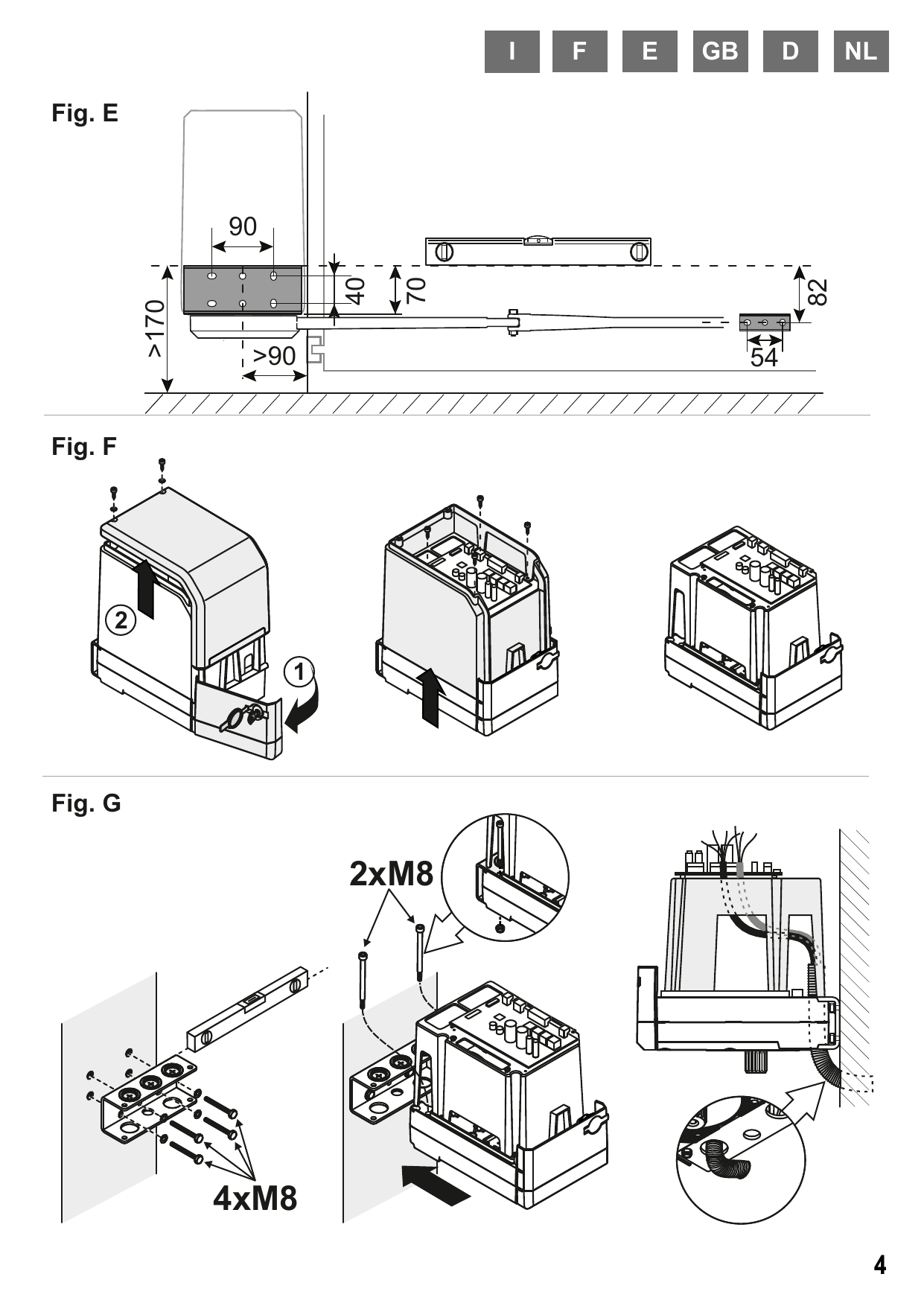 Fig. E — Cotes de positionnement de la patte. Fig. F — Démontage du capot. Fig. G — Fixation murale de la patte (4×M8 / 2×M8)