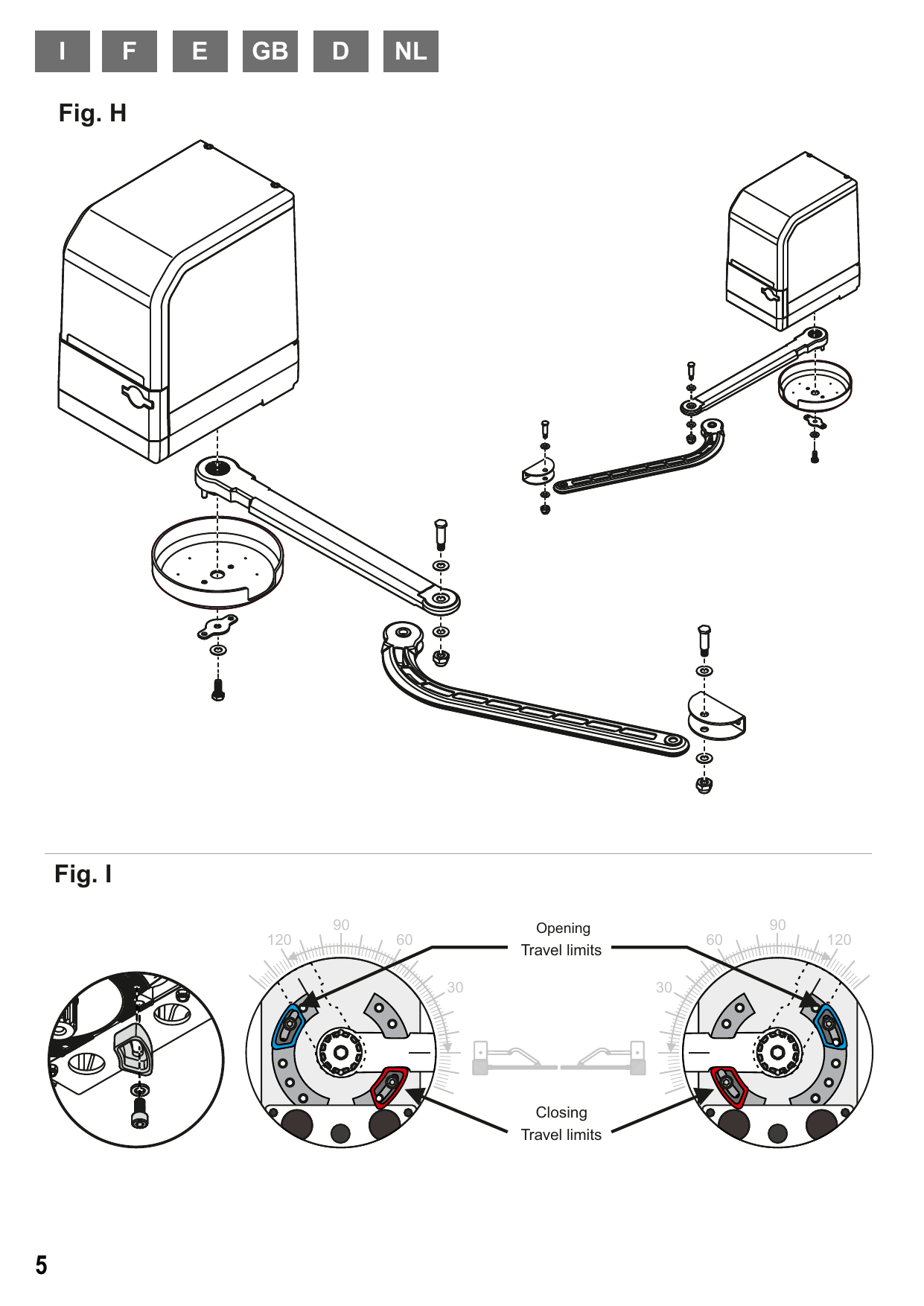 Fig. H — Assemblage des bras articulés droit et gauche. Fig. I — Réglage des butées mécaniques (limites de course ouverture / fermeture)