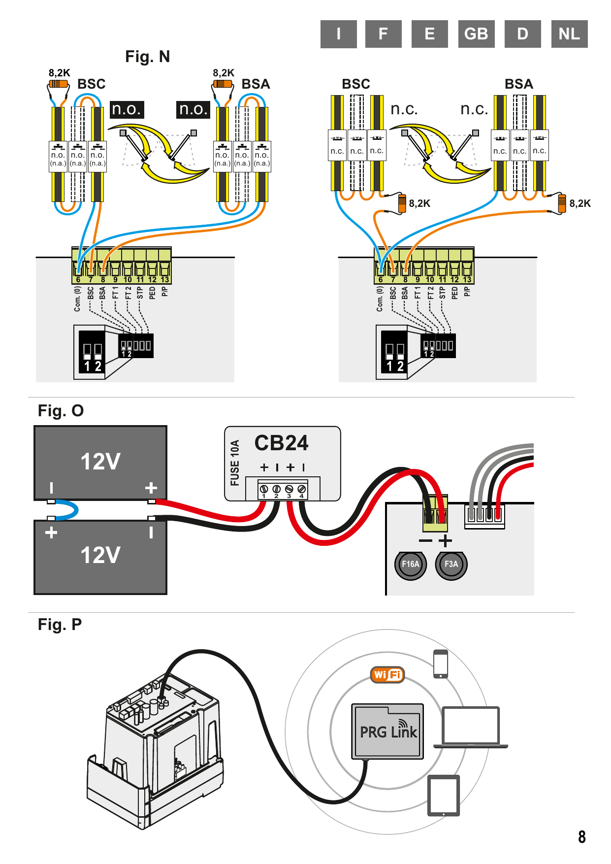 Fig. N — Câblage des barres palpeuses (BSC/BSA) en configuration N.O. ou N.C. avec résistances 8,2 kΩ. Fig. O — Branchement des batteries de secours et chargeur CB24. Fig. P — Programmateur Wi-Fi PRG Link