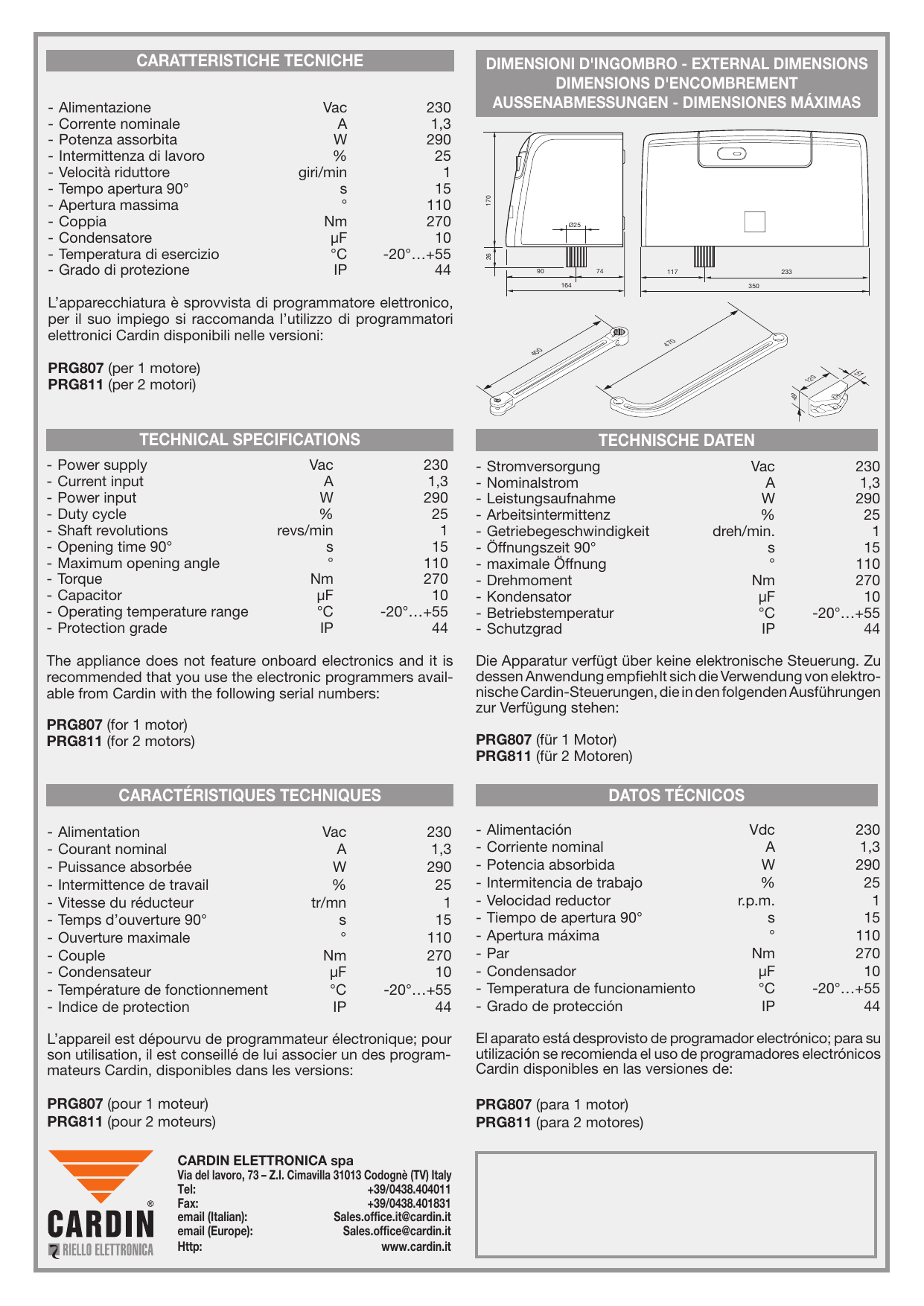 Dimensions d'encombrement du motoréducteur et des bras (droit 400 mm, curvé 470 mm, patte 120 × 49 × 51 mm).