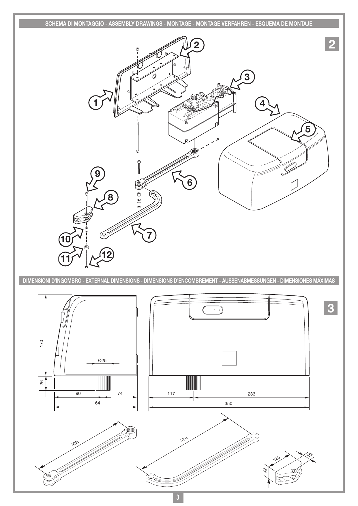 Schéma d'assemblage (éclaté) : embase de fixation, motoréducteur, capot de protection, bras droit, bras curvé, patte d'attache et visserie.