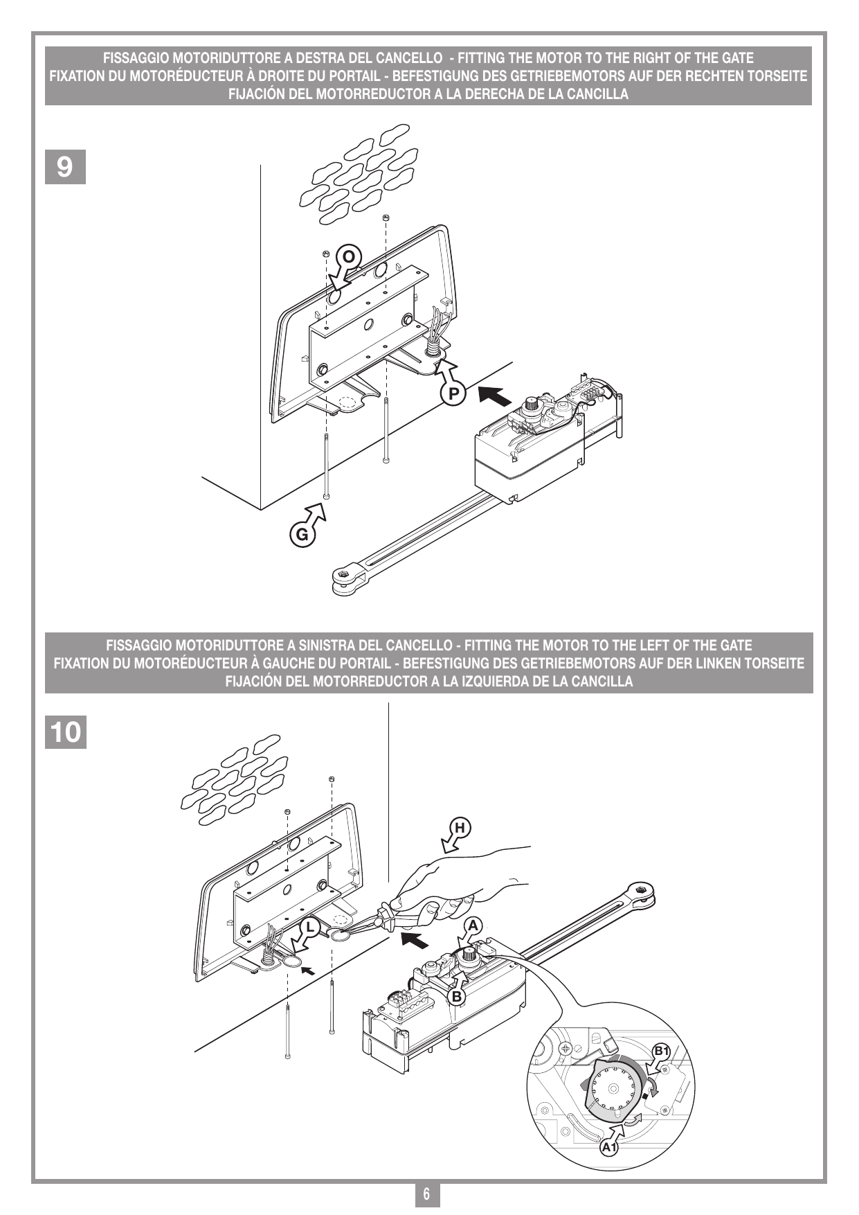 Fixation du motoréducteur à droite (repères O, P, G) et à gauche du portail (repères H, L, A, B, A1, B1).