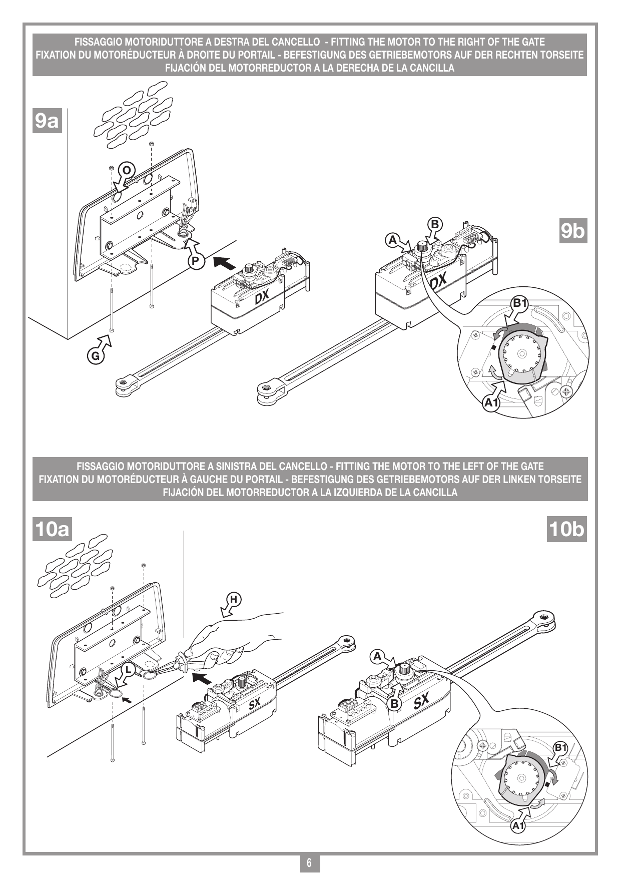 Montage du motoréducteur DX, vis « G », pièce plastique « O »-« P » et position des cames A1/B1