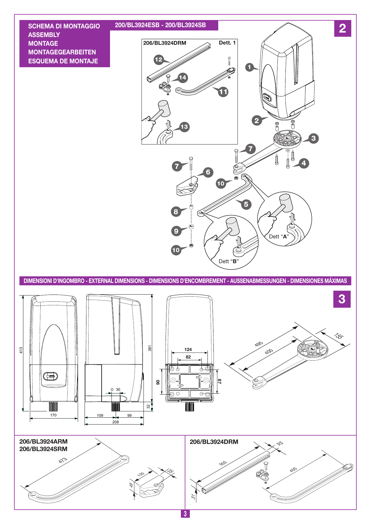 Schéma de montage 200/BL3924ESB - 200/BL3924SB : montage du moteur, de la base et du bras articulé (détails A et B)