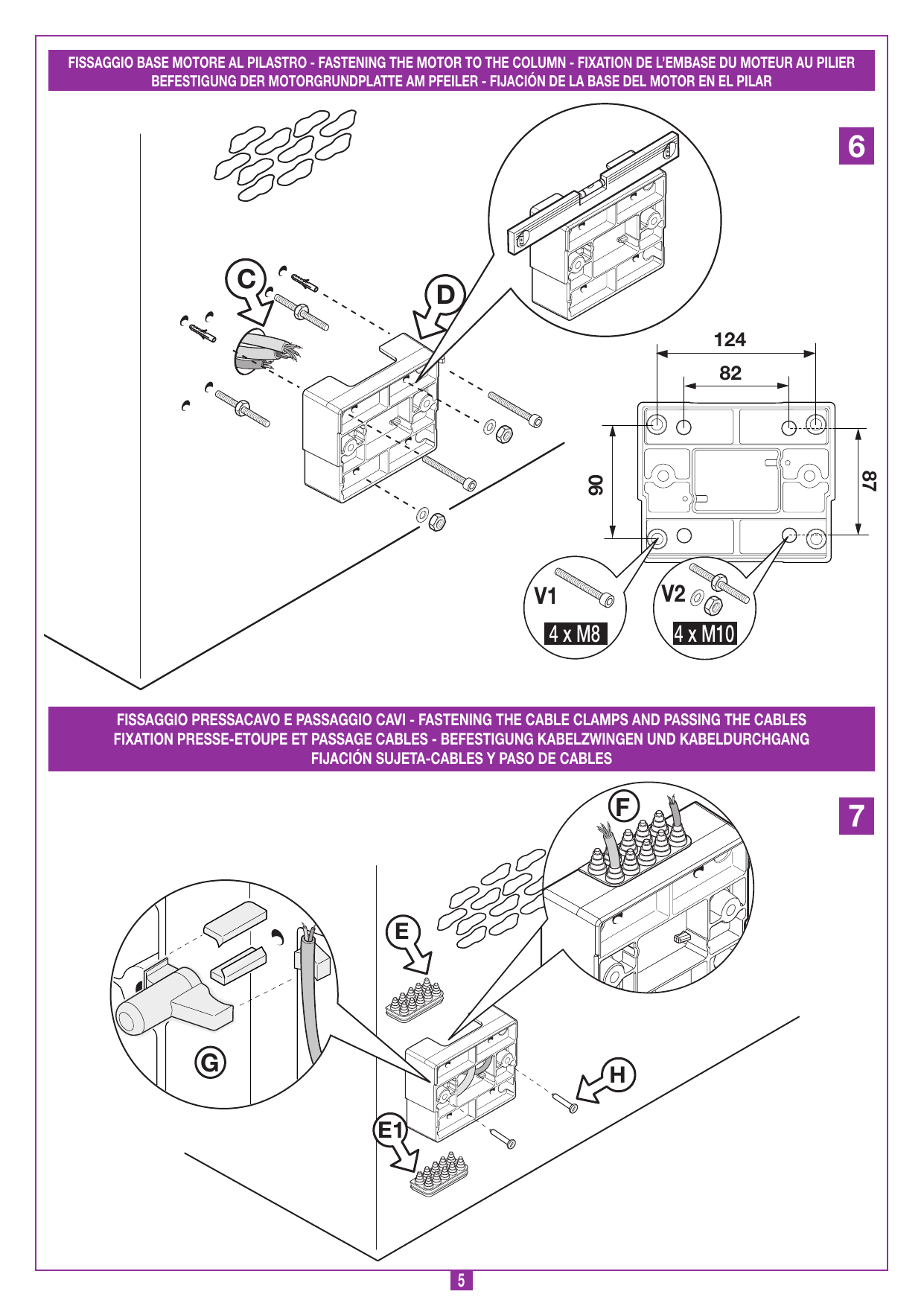 Fixation de l'embase du moteur au pilier avec 4 vis M8 (V1) ou 4 goujons M10 (V2) ; passage des câbles par le trou C