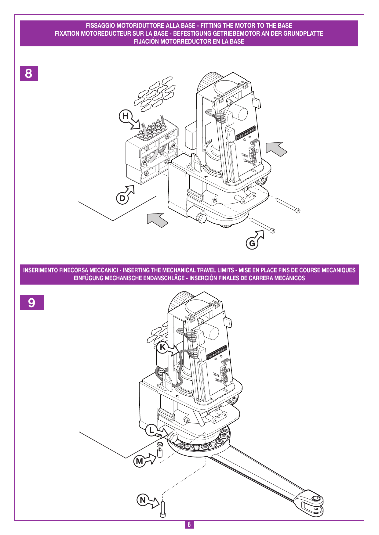 Fixation du motoréducteur à la plaque de base au moyen de deux vis G et écrous indesserrables ; raccordement des câbles H et D