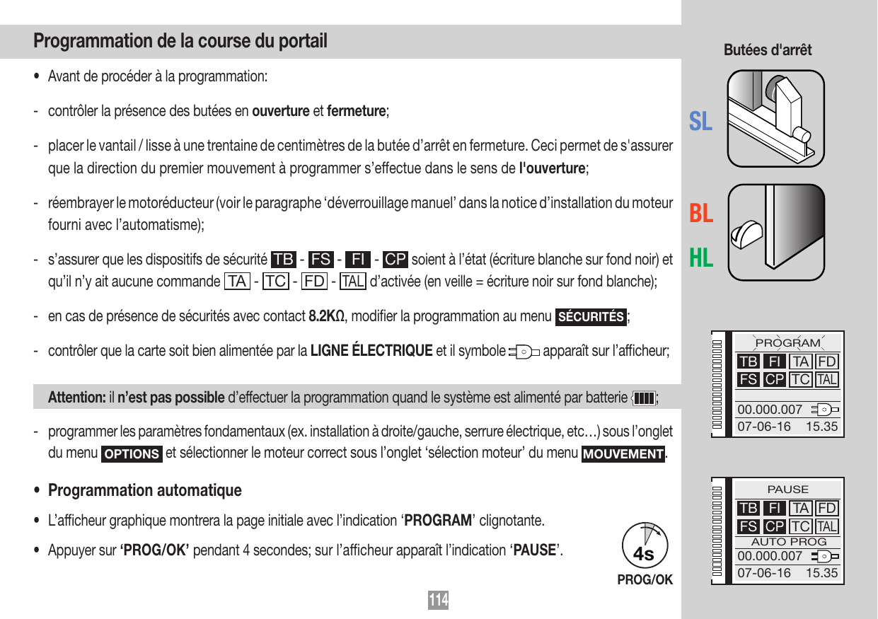 Butées d'arrêt en ouverture et fermeture (SL, BL, HL)