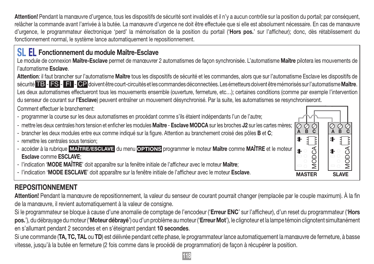 Branchement des modules MODCA entre l'unité Master et l'unité Slave (branchement croisé des pôles B et C)